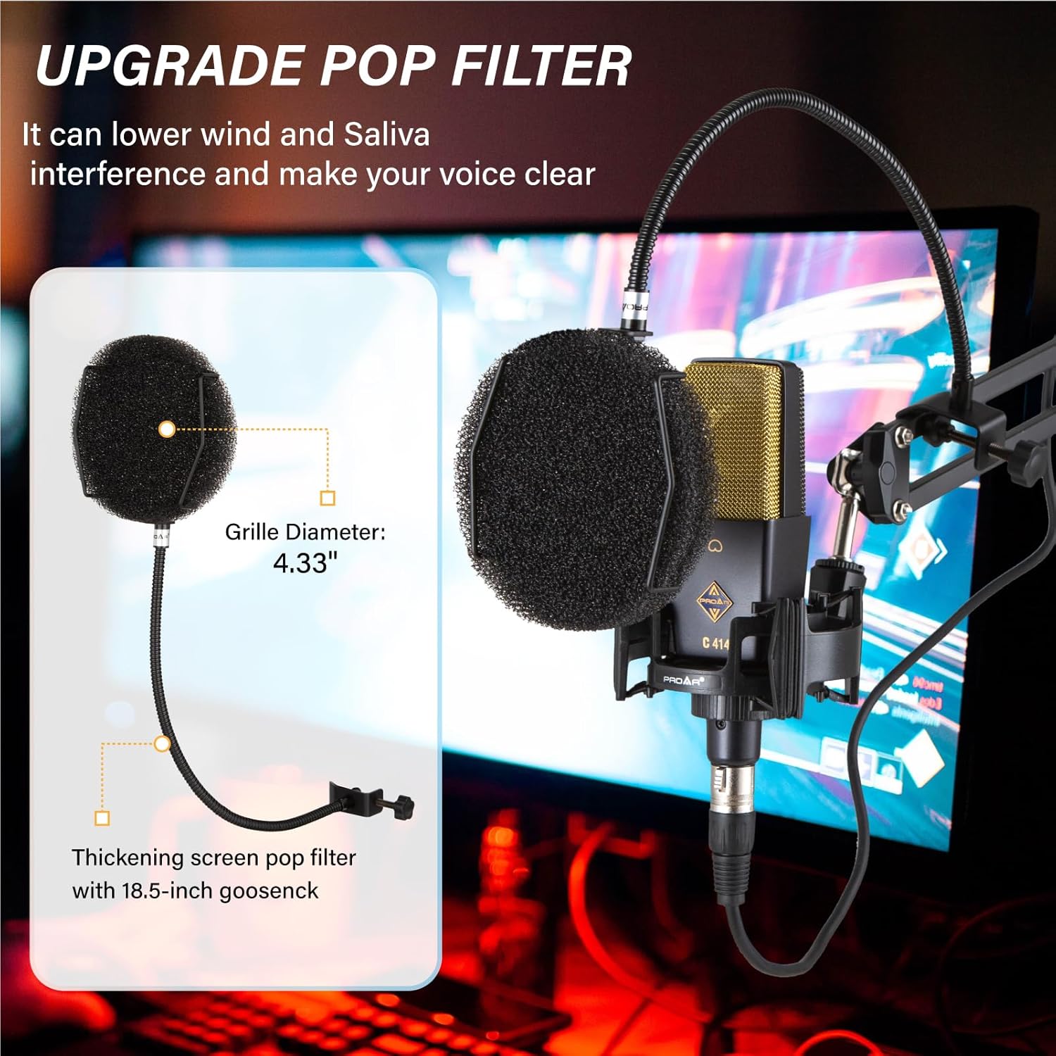 XLR Podcast Microphone Professional Cardioid Studio Condenser Microphone 25mm Large Diaphragm Computer PC Gaming Mic Kit with Upgrade Pop Filter for Vocal Recording,Streaming,YouTube C414