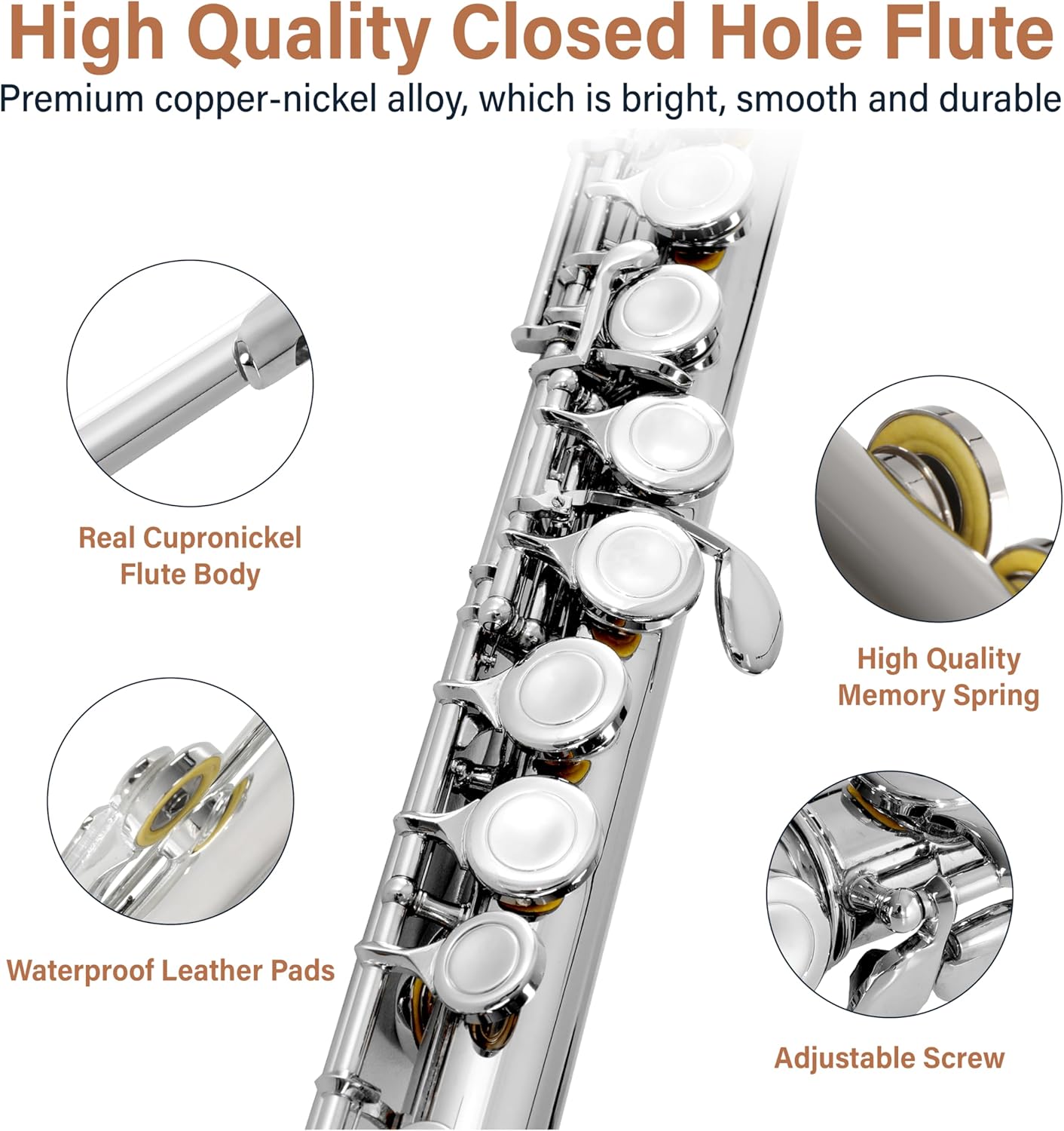 Mendini By Cecilio Flute, 16 Keys C Flute Instrument Closed Hole For Beginners with Carrying Case, Cork Grease, Stand, Lesson Book, Cleaning Kit, Gloves (Nickel)