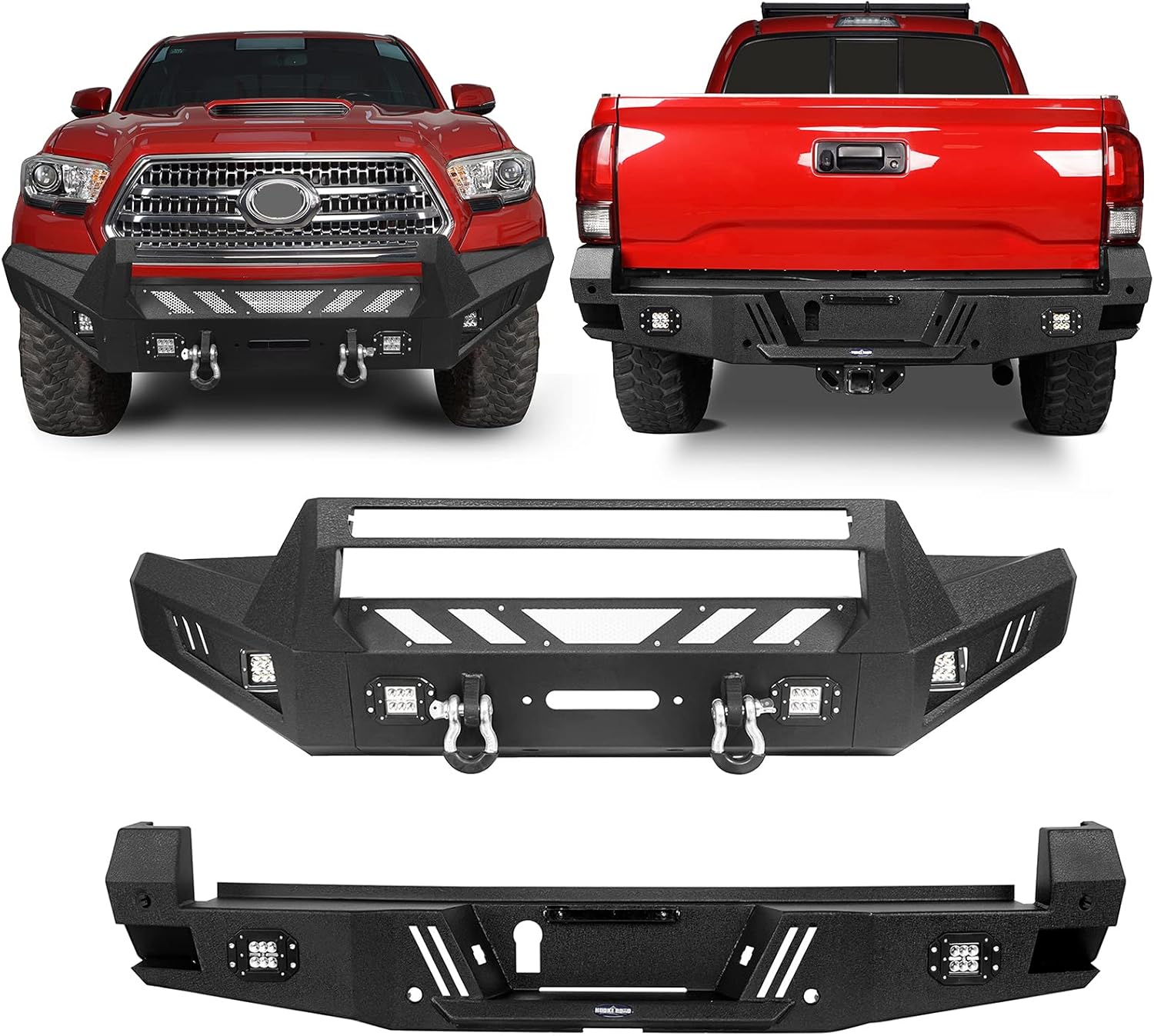 Hooke Road Tacoma Front Bumper + Rear Bumper w/Winch Plate, D-rings & LED Lights Compatible with 2016-2023 Toyota Tacoma 3rd Gen