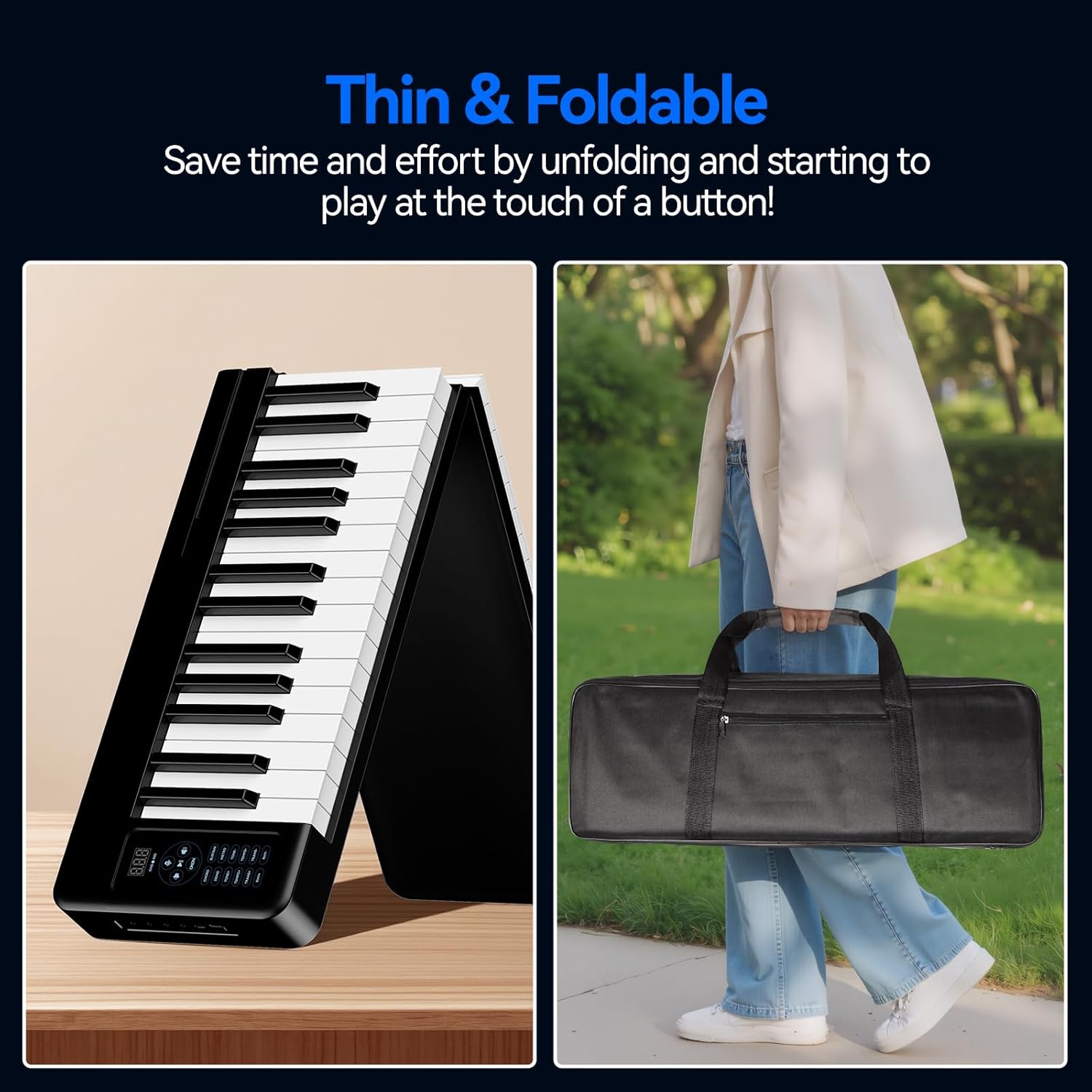 Rhymo Folding Piano Keyboard, 61 Keys Sensitive Electric Piano, Weighted Portable Electric Keyboards with Bluetooth MIDI, Digital Foldable Keyboard for Beginner