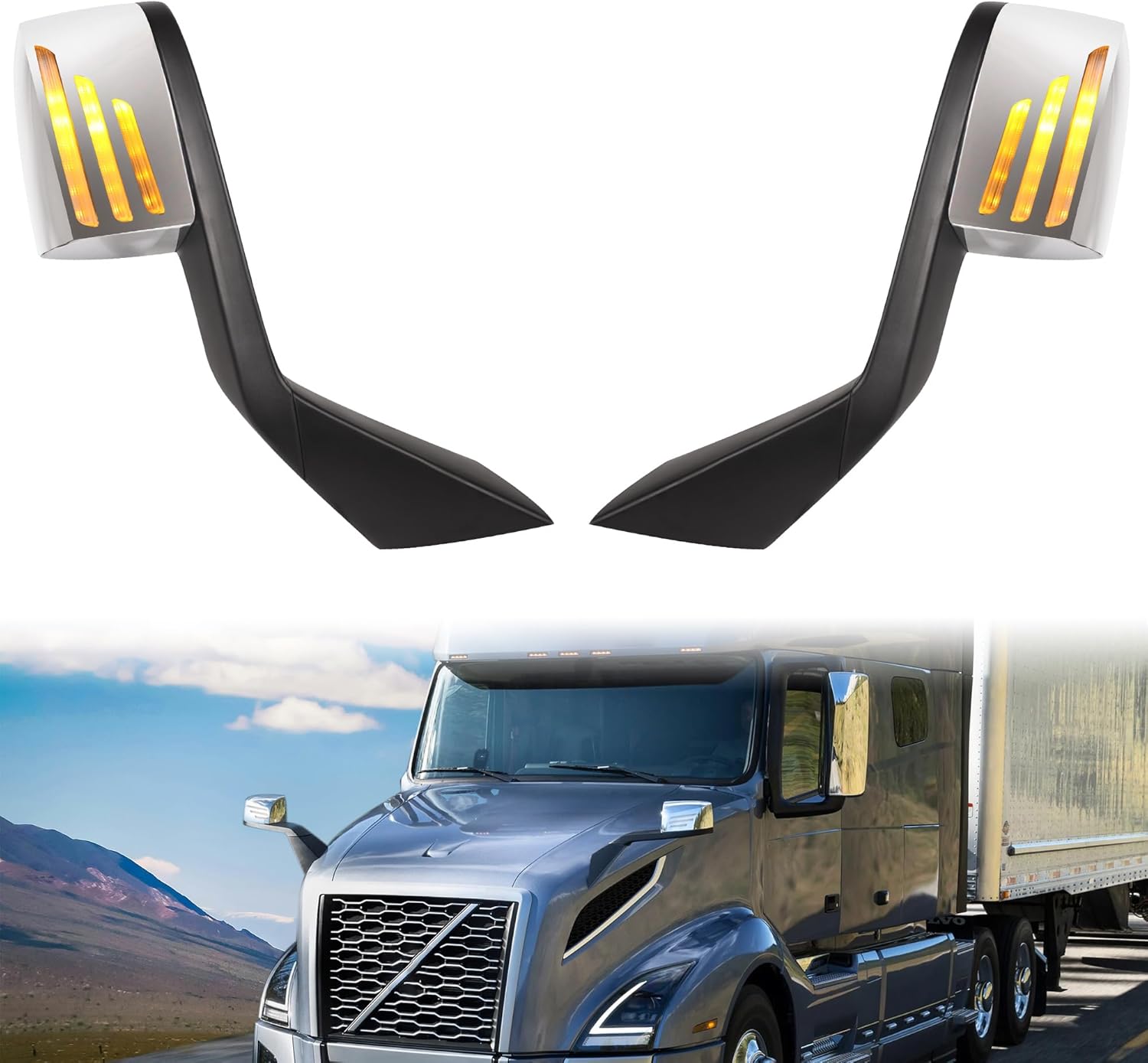 Chrome Hood Mirror Assembly with LED Light Replacement for Volvo VNL 2004-2017,Semi Trucks Volvo VNL Accessories,Driver and Passenger Side