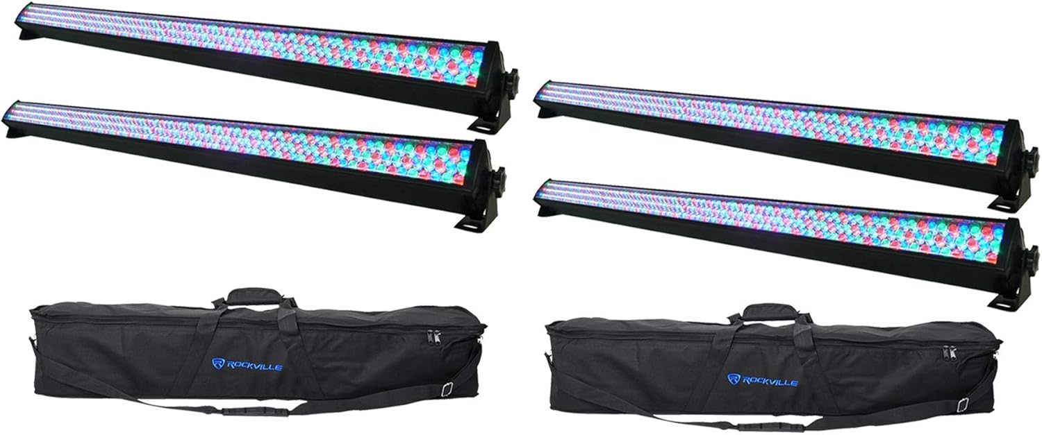 Rockville ROCKSTRIP 252 Bundle: (4) LED RGB DMX 5-Channel Color Strip Wash Light Bars, (2) RLB60 Padded Travel Bags for Light Strips, for DJs, Stages, and Event Lighting, 6-Items