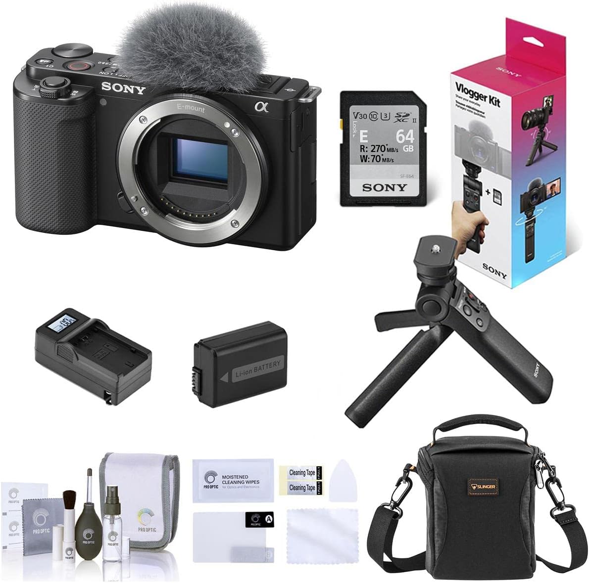Sony ZV-E10 Mirrorless Interchangeable Lens Vlog Camera, Black - Bundle with Vlogger Accessory Kit, Shoulder Bag, Screen Protector, Extra Battery, Charger, Cleaning Kit