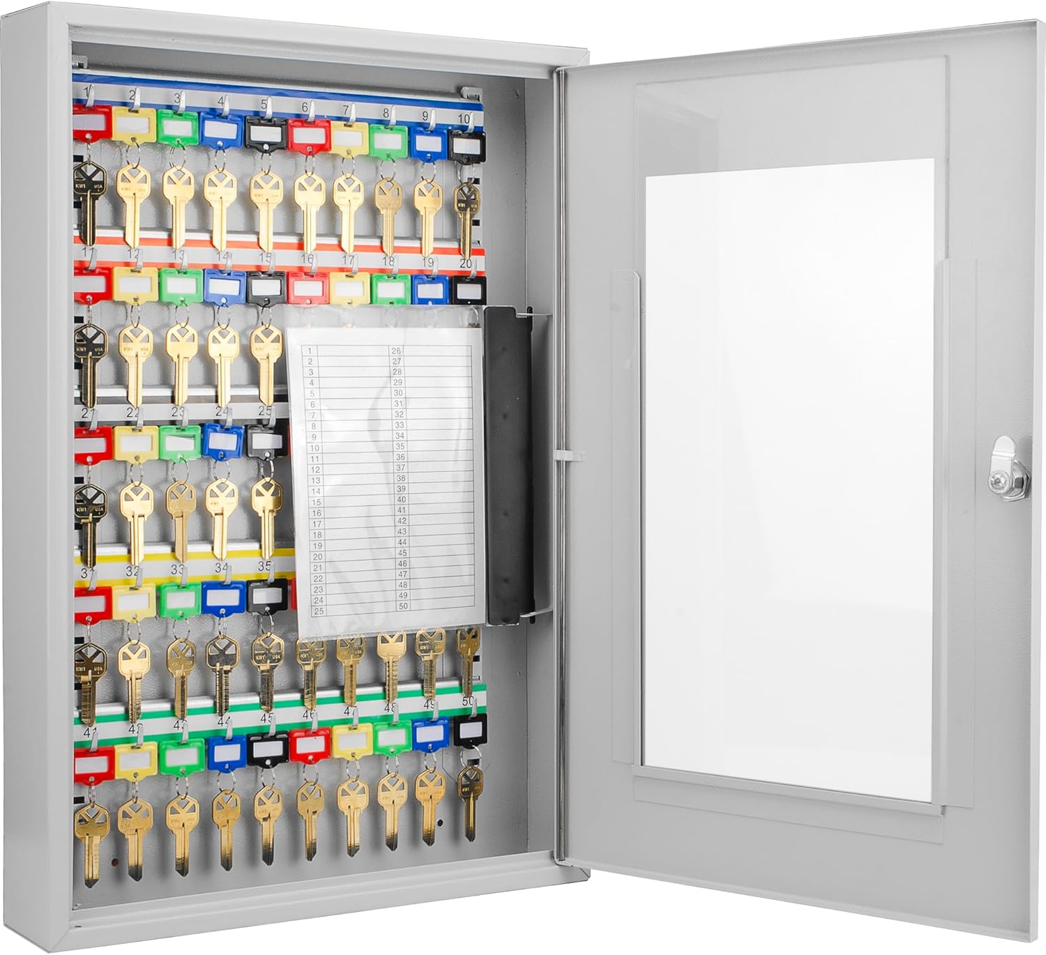 Barska Key Lock Box with Glass Door – Wall Mount Steel Key Cabinet Organizer with Labeled Hooks and Colored Key Tags for Home, Office, Property Management