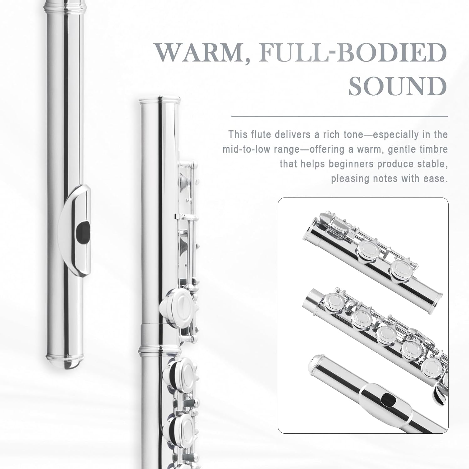 SONICAKE Nickel-plated C Flutes, Closed Hole 16Keys Flute for Beginner Student, Flute Instrument with Cleaning Kit, Carrying Case, Gloves, Tuning Rod, QFL-01