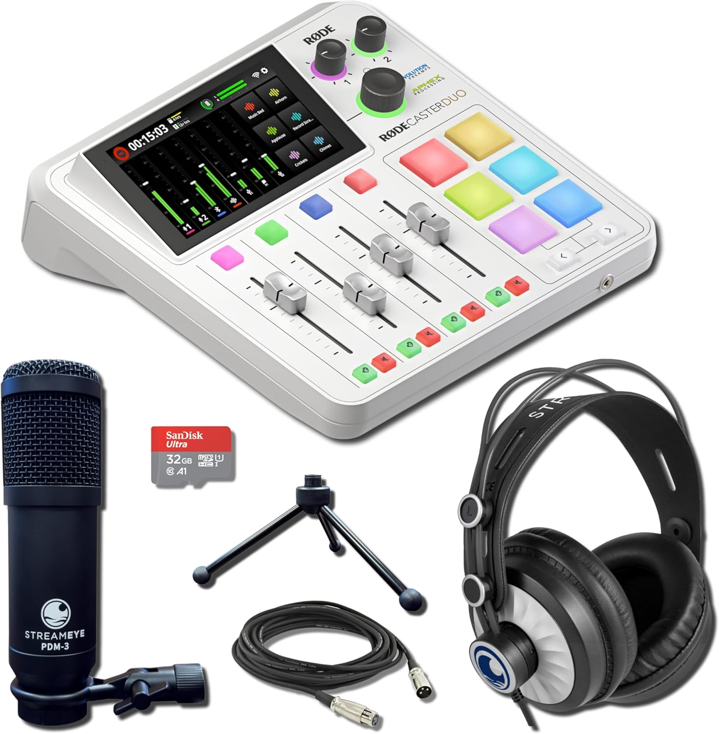 Rode RODECaster Duo Streaming Mixer (White) with StreamEye PDM-3 Podcast Equipment Bundle and microSD Card with Adapter
