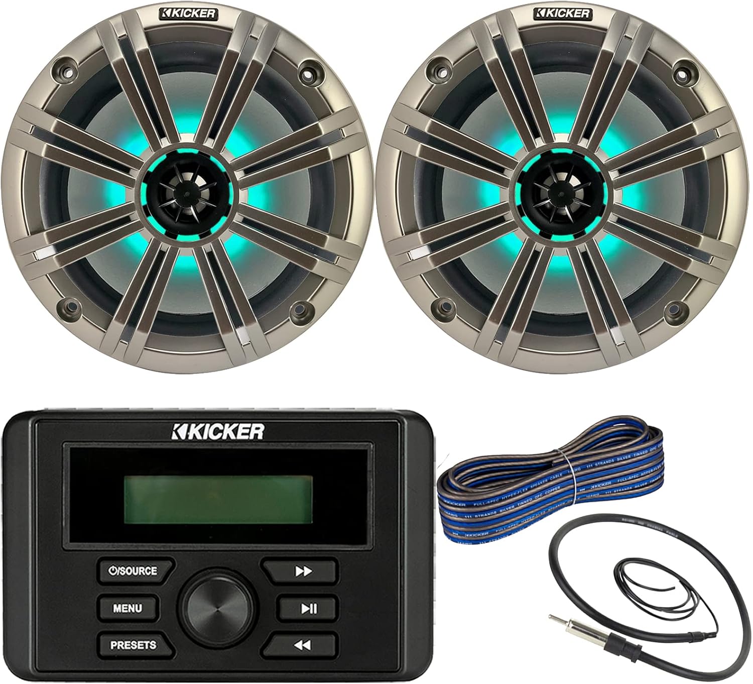 Kicker Weather-Resistant Marine Bluetooth USB RCA Stereo Receiver Bundle Combo with (QTY 2) 8