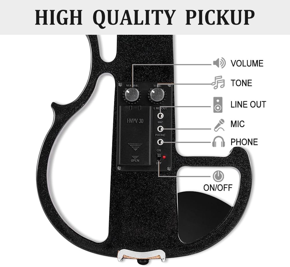 4/4 Full Size Electric Violin – Silent Electric Violin with Headphone Jack, Ebony Fittings – Includes Case, Bow, – Ideal for Practice & Performance (Black)