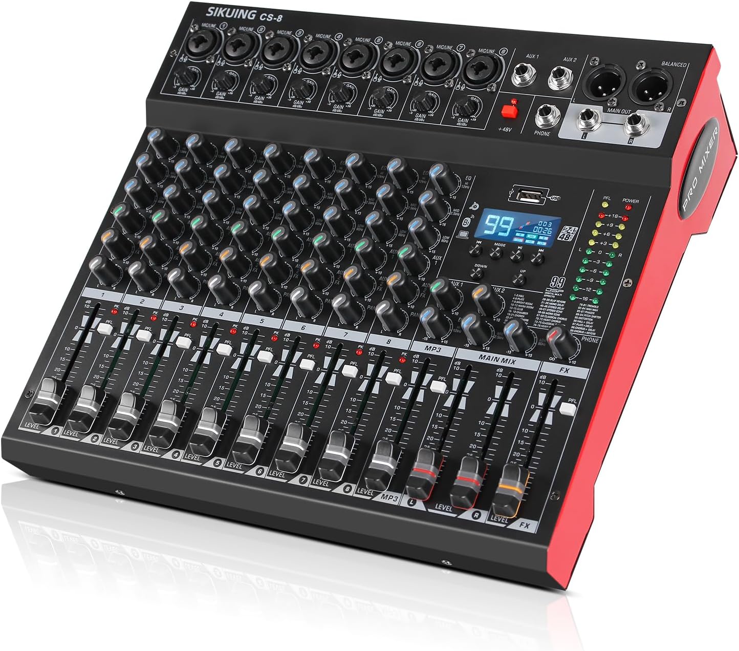 8 Channel Mixer, Professional Audio Mixing Console Studio DJ Board with Bluetooth, 99 DSP Effect,USB Recording, 48V Phantom Power, Reverb, MP3 Player for Live Sound Karaoke Performance
