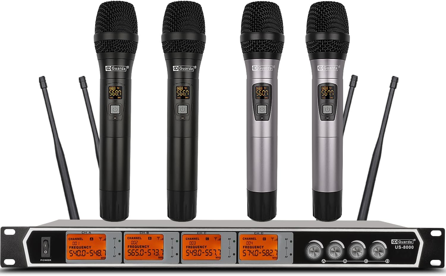 Guarda Audio Wireless Microphone System, 4-Channel UHF Wireless Mic, Fixed Frequency Metal Cordless Mic with 4 Handheld Dynamic Microphones, 260ft Range, Microphone for Singing,Church(US-8000)
