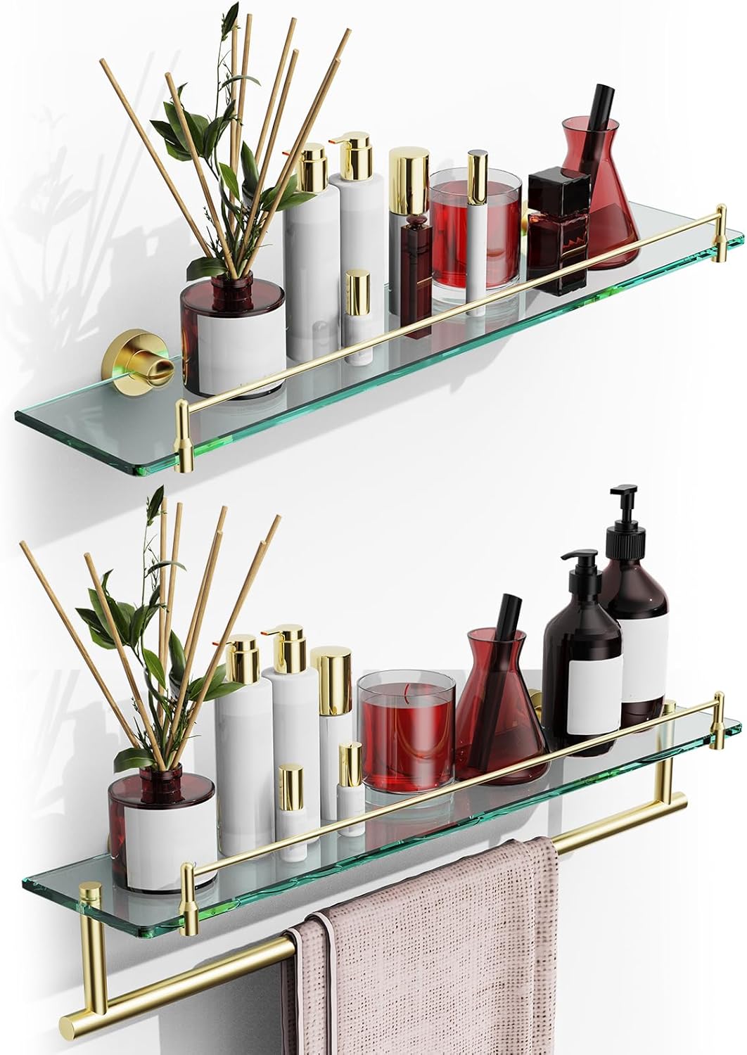 Glass Shelf for Bathroom 2 Pack,24-Inches Floating Glass Shelves Towel Bar/Track(Brushed Gold)