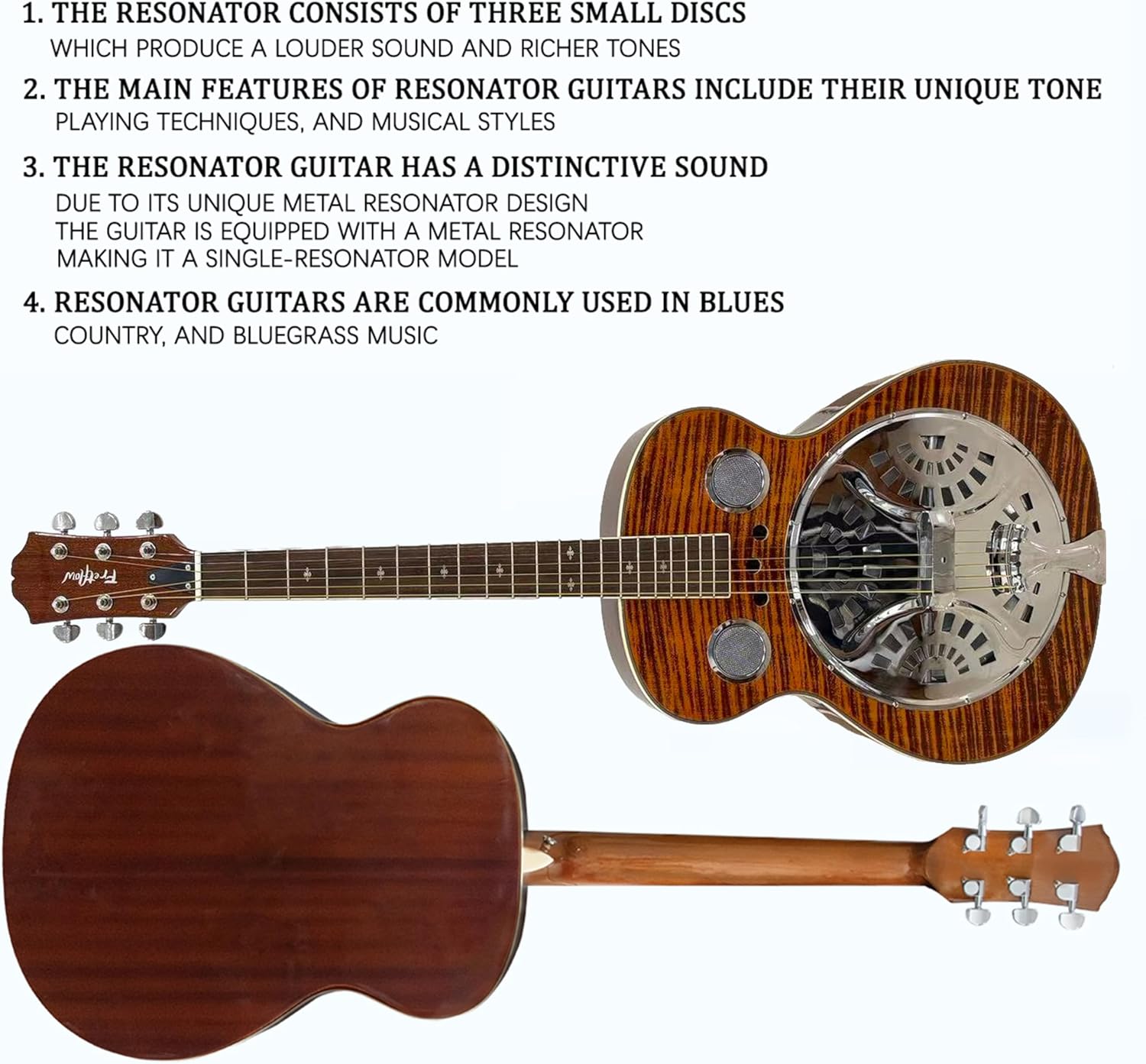 40-Inch Resonator Guitar with Spruce Top & Sapele Body - Tiger Flame Finish, Okoume Neck, Rosewood Fingerboard | Bronze Strings | Beginner guitar