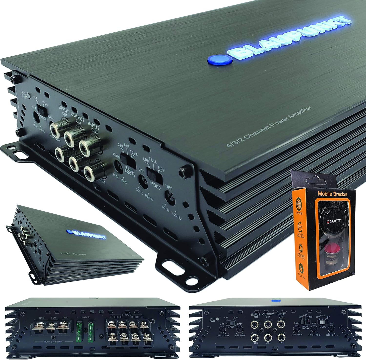 Blaupunkt AMP1404 Car Audio 4-Channel Amp Amplifier 1500 Watts Max Peak Power with Gravity Magnet Phone Holder Bundle