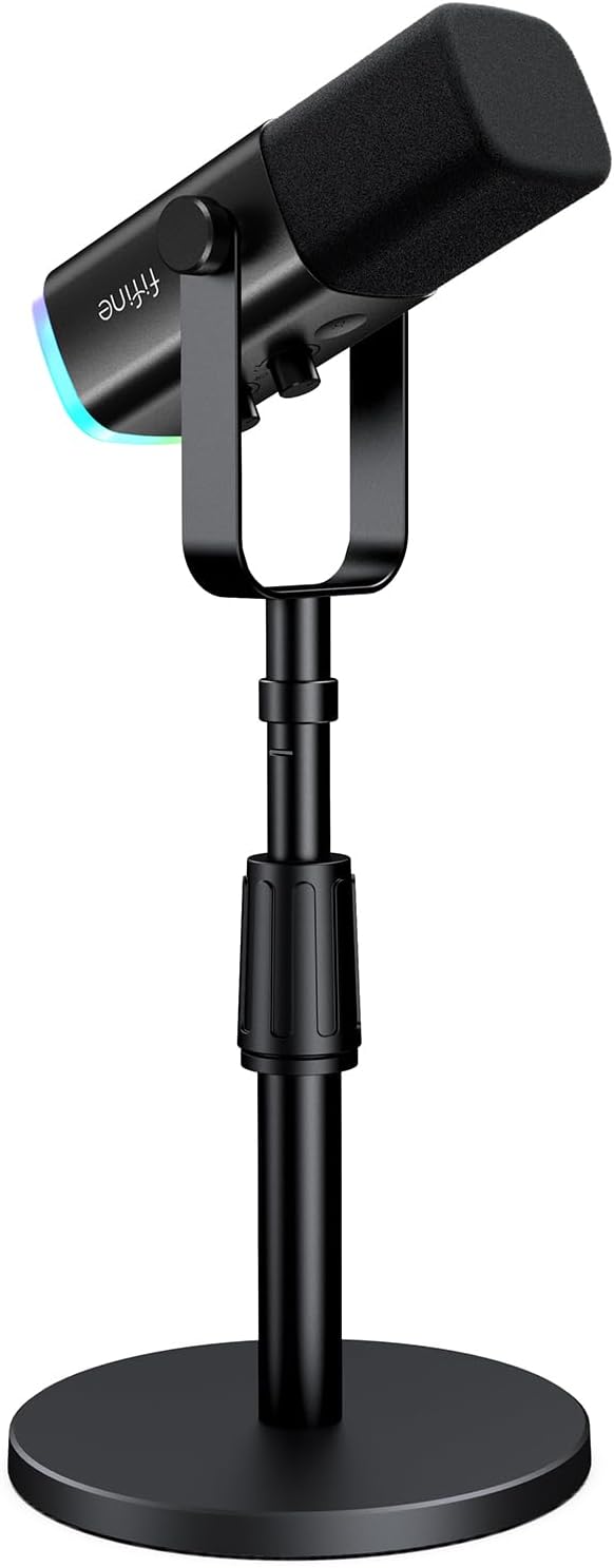 FIFINE XLR/USB Gaming Microphone with Desktop Mic Stand Kit, Streaming Dynamic Microphone with RGB, Gain Knob, Headphone Jack, Adjustable Table Mic Stand for Recording, Podcast, Voice-Over-AM8+BS1