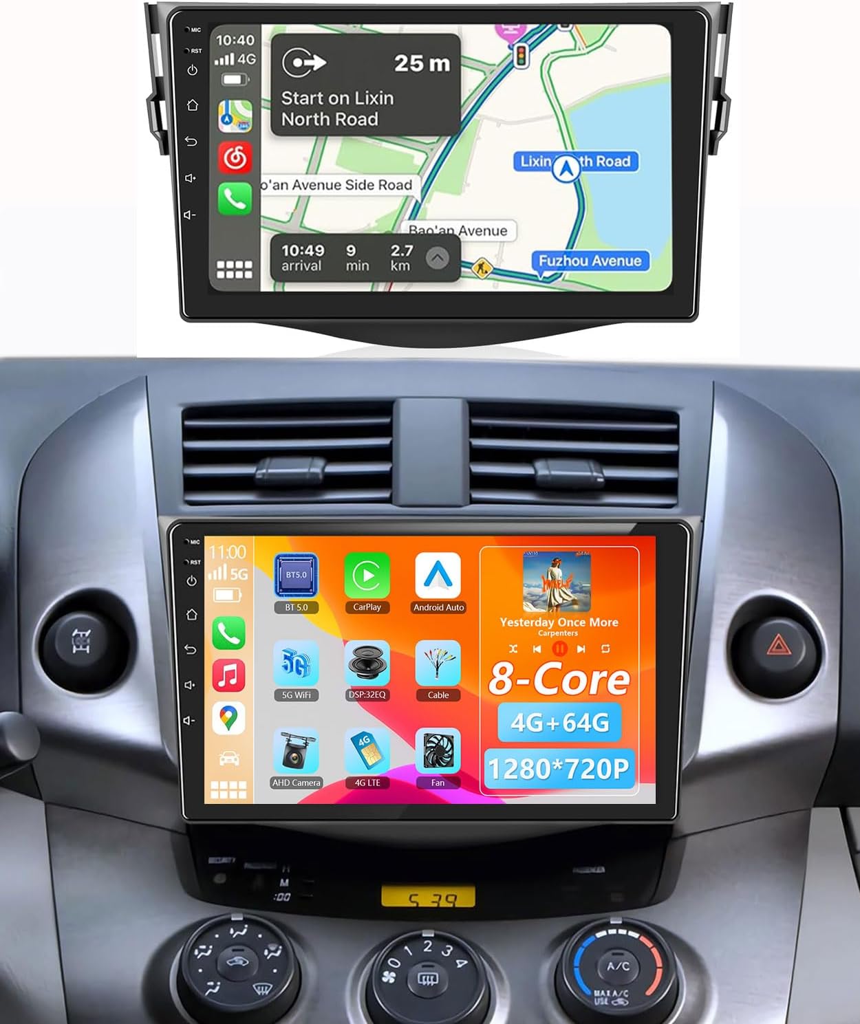 Plug & Play 4G+64G Car Radio Stereo for Toyota RAV4 2007-2012, Wireless Carplay&Android Auto with Support Bluetooth/Voice Control/GPS/WiFi/Back-up Camera/SWC/FM, 9 Inch IPS Touch Screen