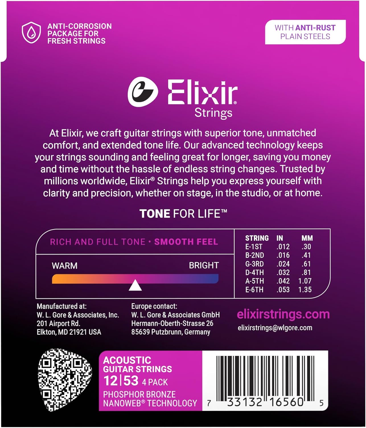 Elixir Strings, Acoustic Guitar Strings, Phosphor Bronze with NANOWEB Technology, Longest-Lasting Rich and Full Tone with Comfortable Feel, 4 Pack, Light 12-53