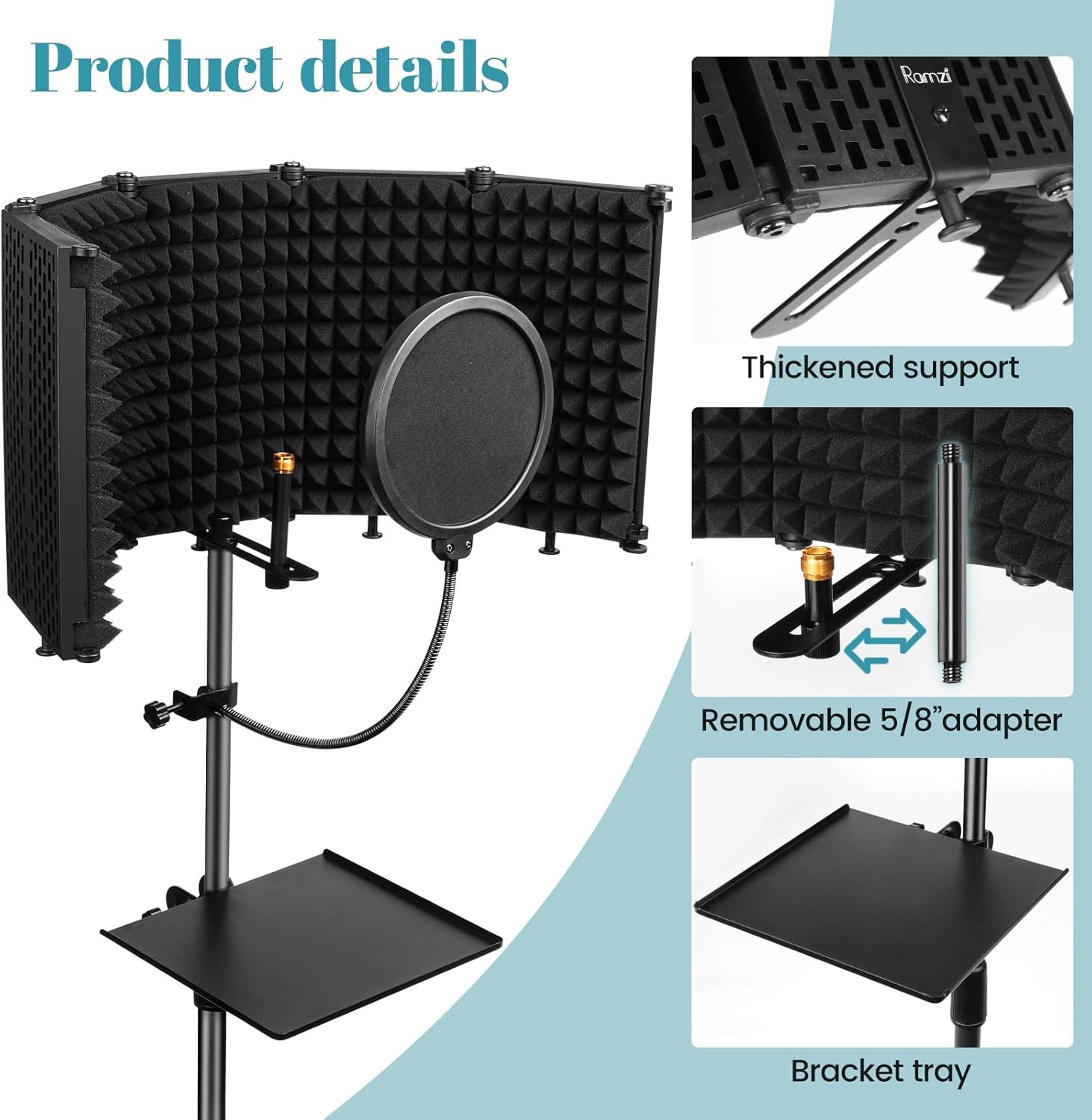Microphone Stand With Isolation Shield,Recording Studio Equipment With Pop Filter,Tripod Stand, Foldable Mic Shield With Sound Insulation For Recording Studio, Podcasts,Broadcasting