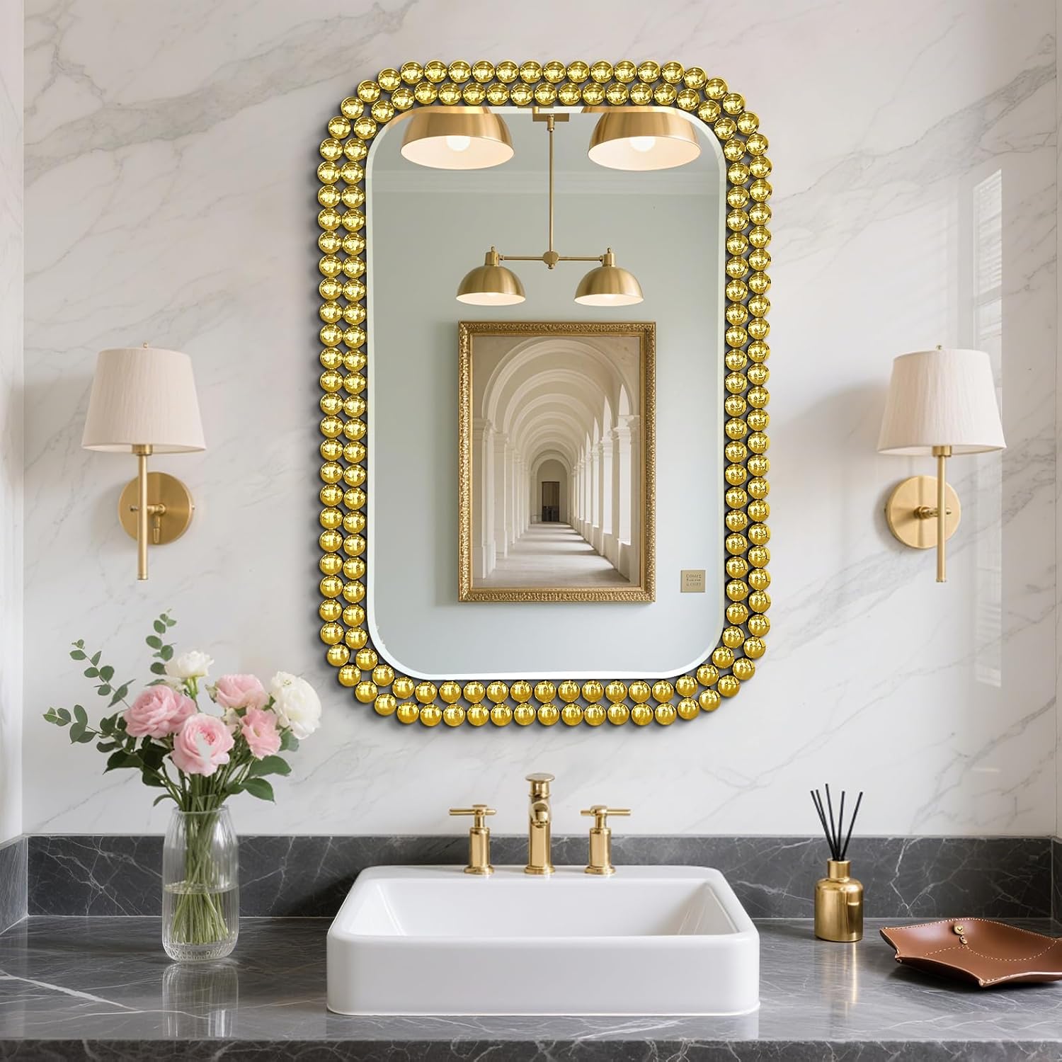 Wall Mount Bathroom Mirror Beaded Framed Baroque Decorative Vanity Mirror Rounded Corner Rectangle Mirror for Wall,Over Sink，Bedroom