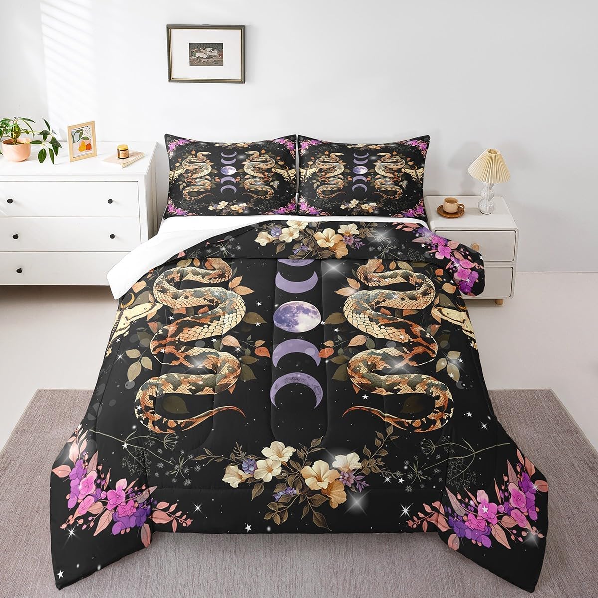 Gothic Snake Moth Comforter Set King Size,Purple Moon Stars Galaxy Boho Bedding Set All Season Quilt Set,Wild Animal Flowers Leaves Black Microfiber Polyester Down Comforter
