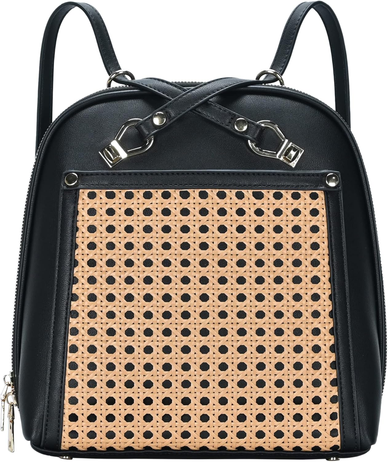 MMS Brands Miztique The Daisy Rattan Convertible Backpack Purse for Women - Black | Rattan Shoulder Strap Bag or Convertible Backpack | 10.5in x 4in x 11.5in |