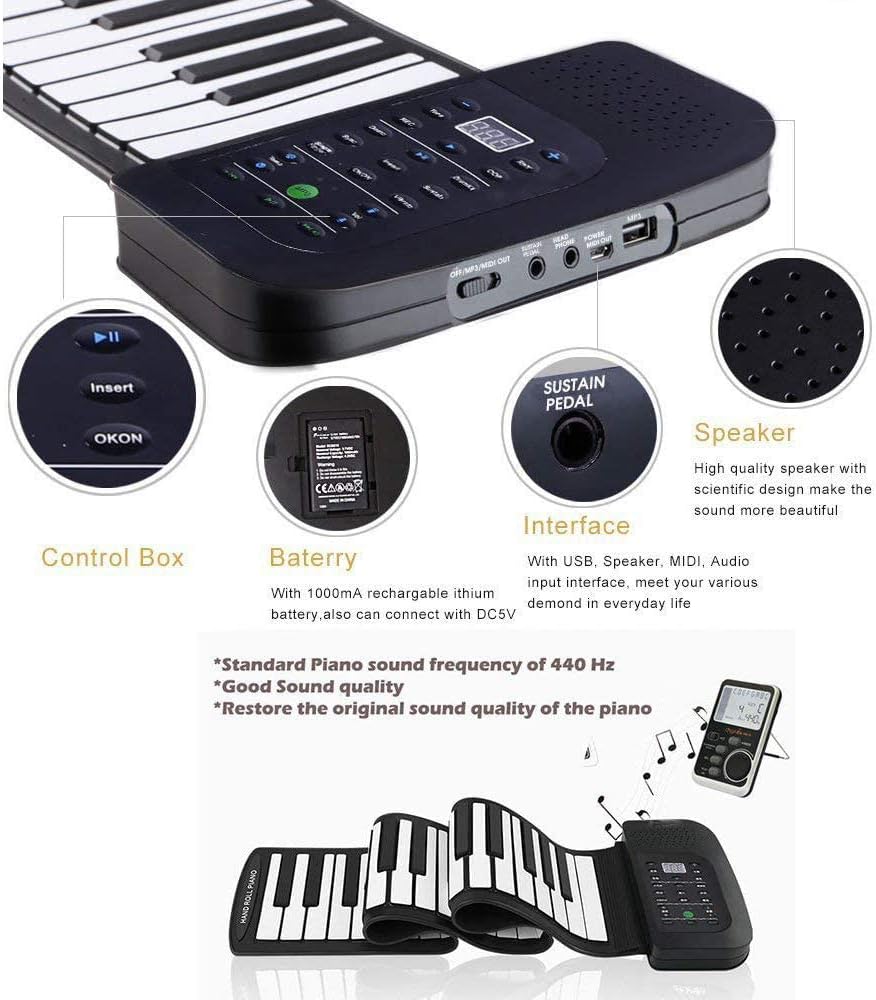 Portable 88 Keys Roll Up Piano Keyboard Piano, Silicone Flexible Foldable Keyboard Hand-Rolling Piano with Sustain Pedal