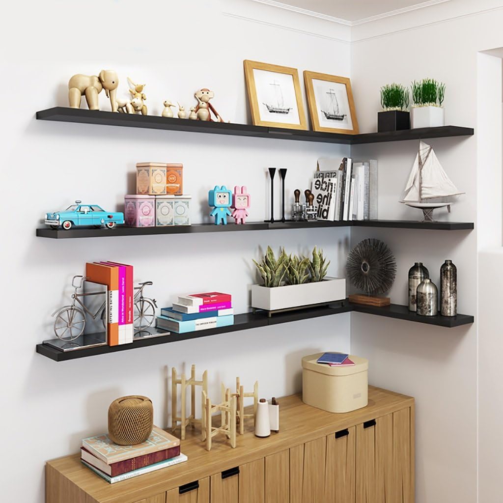 Corner Solid Wood Shelf Creative Corner Shelf Living Room Shelf Wall Shelf Corner Shelf (Color : Black)