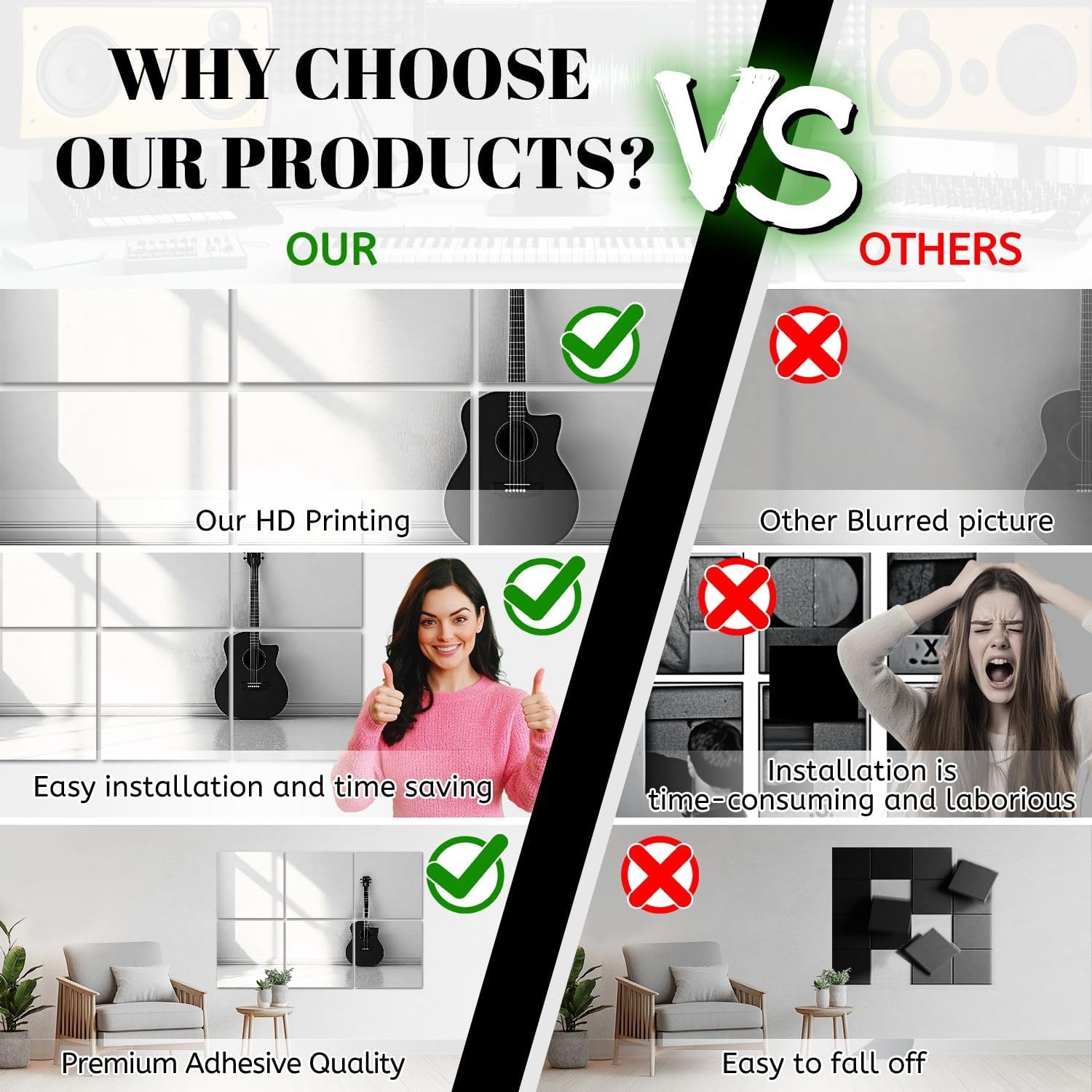 6 Pack Art Acoustic Panels Black acoustic guitar white room Sound Absorbing Panel 48