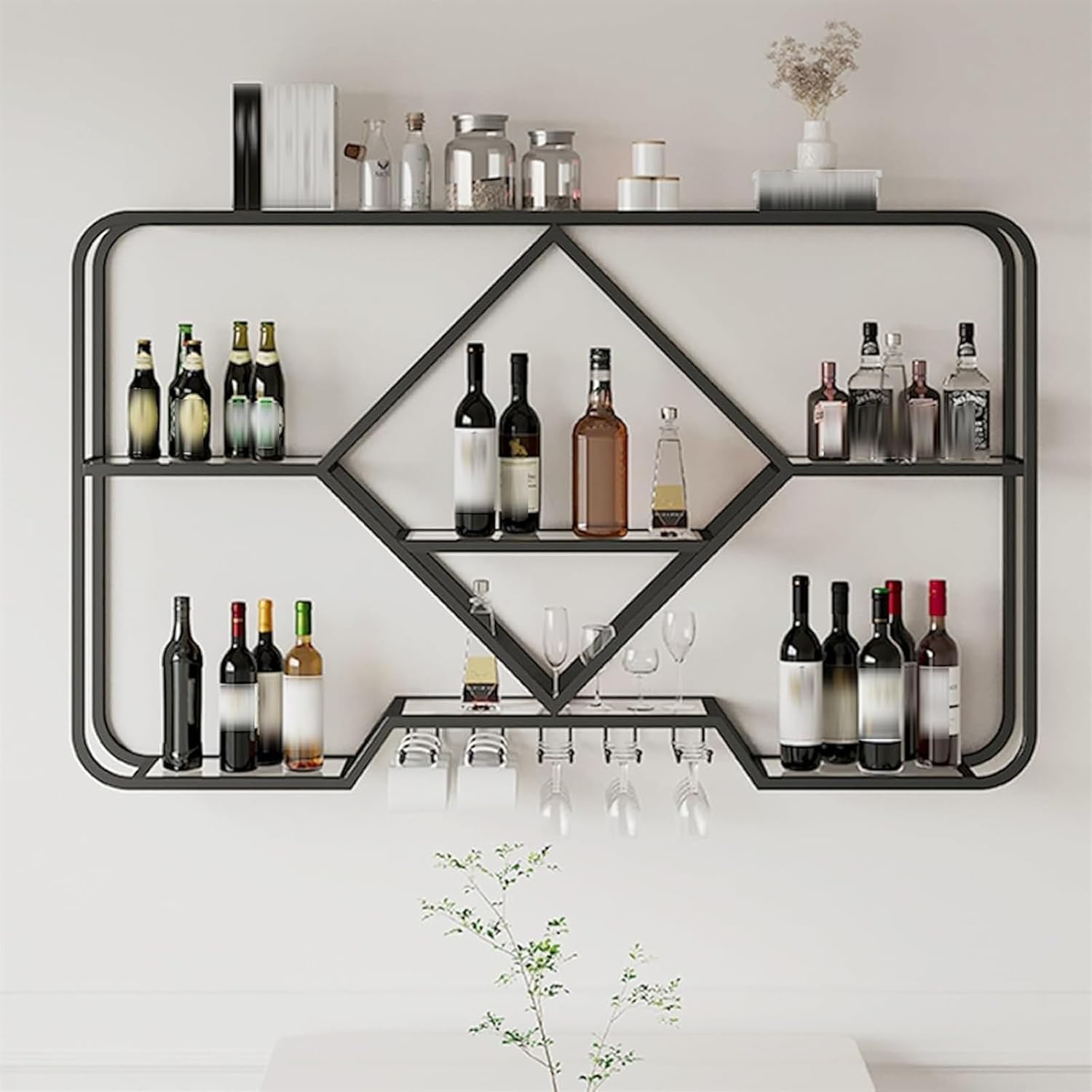 Wall Mount Wine Glass Rack with Floating Shelves for Whiskey Bottles Mini Bar Bottle Display Shelf Organizer Corner Bar Storage Rack (Black 100cm)