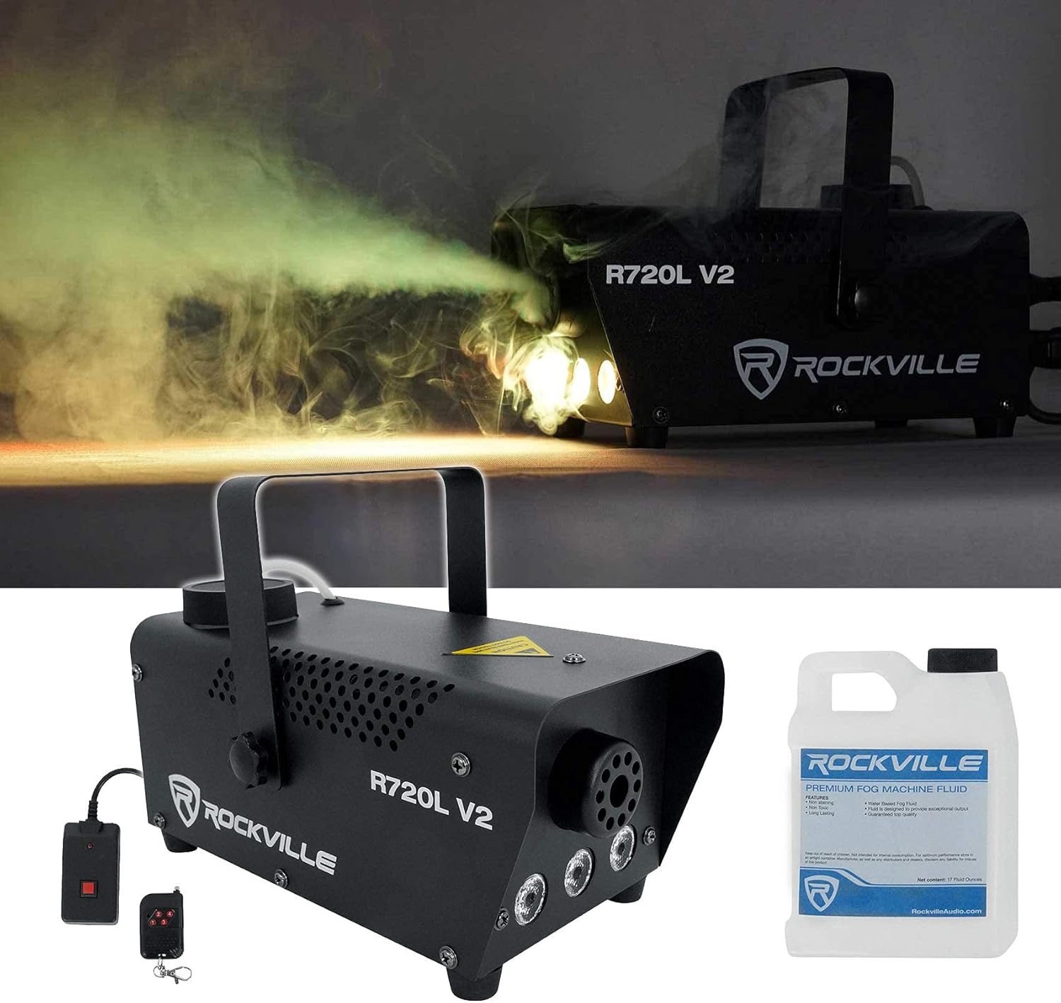 Rockville Titan Portable Array Bundle: (2) 1200W Peak/300W RMS Battery Powered PA Speakers, RMC-XLR Wired Mic, R720L LED Fog/Smoke Machine, RCXFM20E-B 20 ft XLR Cable, RFAAW DJ Event Facade, 6-Items