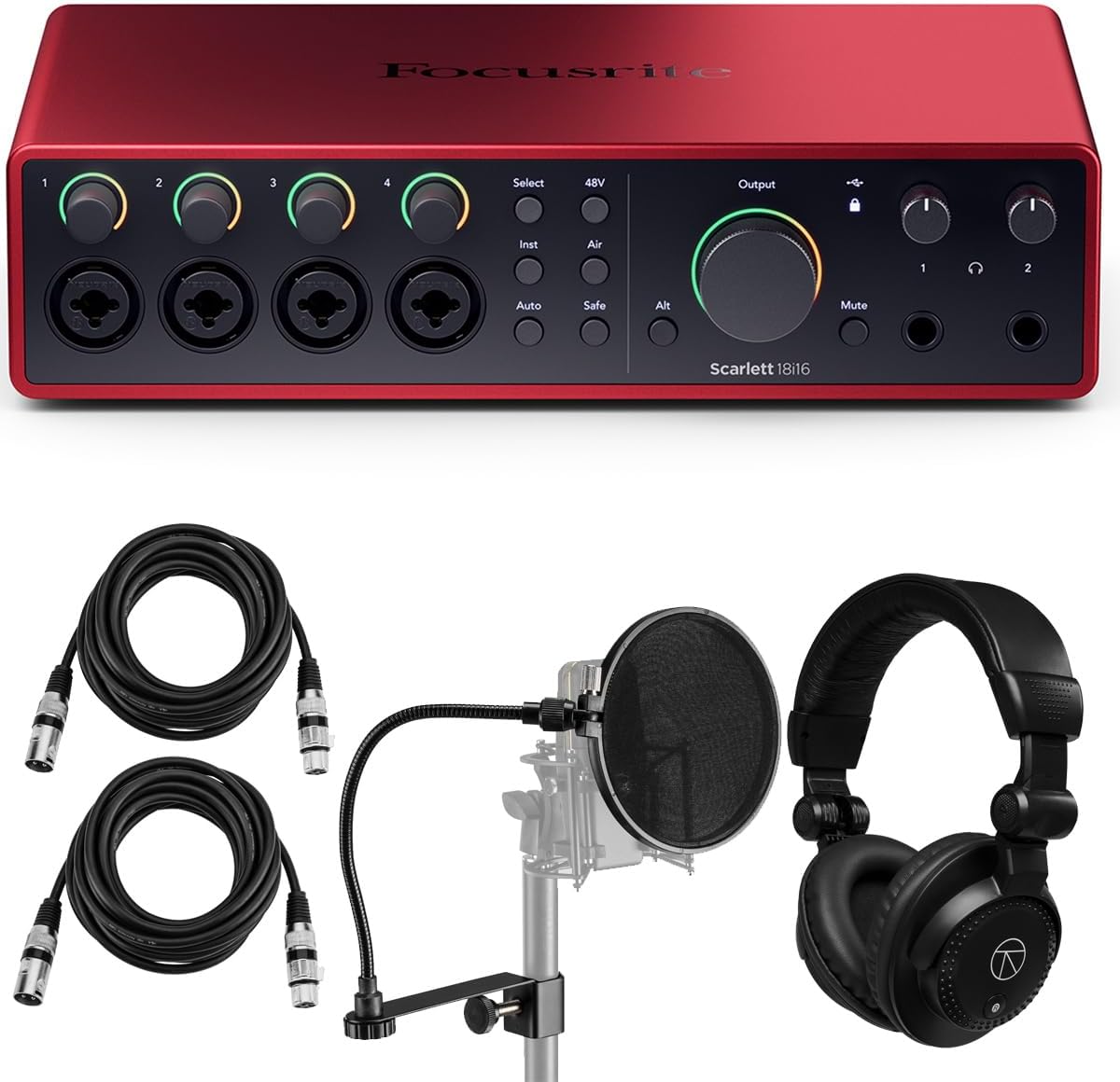 Focusrite Scarlett 18i16 4th Gen USB Audio Interface with Software Suite, Bundle with TAPH100 Monitor Headphones, Pop Filter, 2x 15' XLR Male to Female Cable