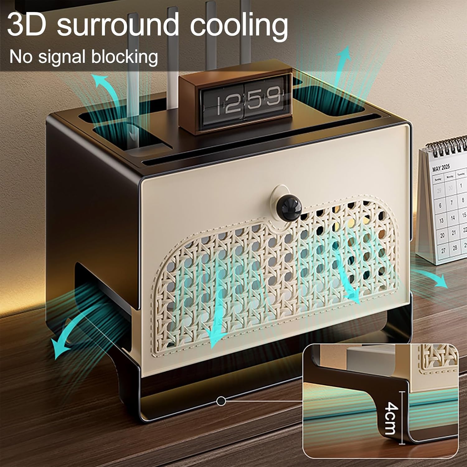 Rattan Router Shelf, WiFi Box Hider with Hollowed-Out, Cable Power Plug Wire Storage Boxes, Rustic Home Organization Solution for Most Routers