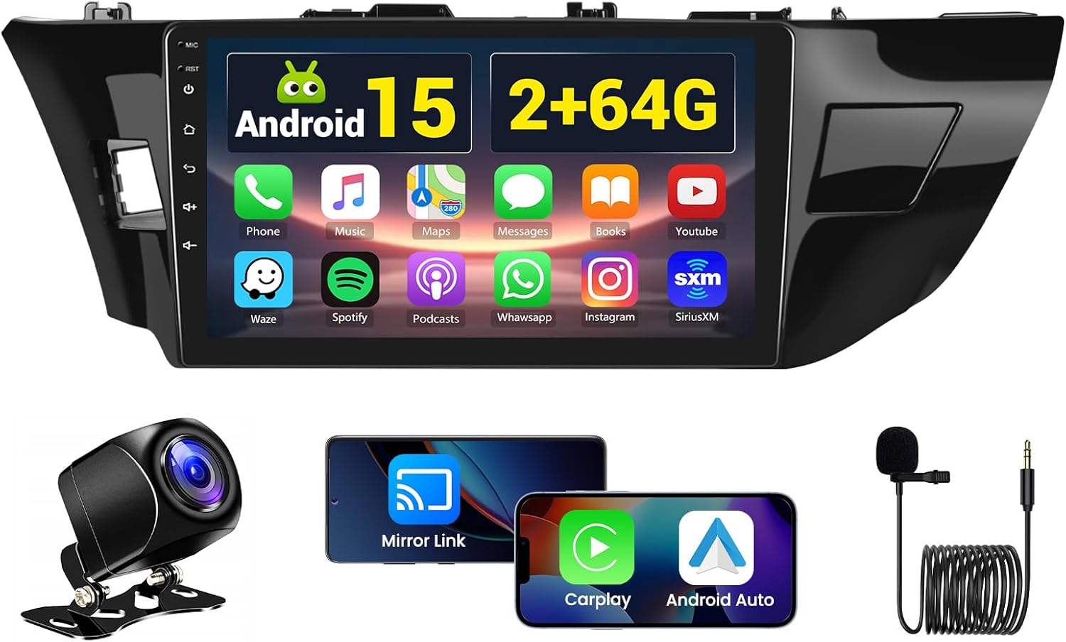 2+64GB Android 15 Car Radio for Toyota Corolla 2014 2015 2016 Wireless CarPlay Android Auto, 10.1