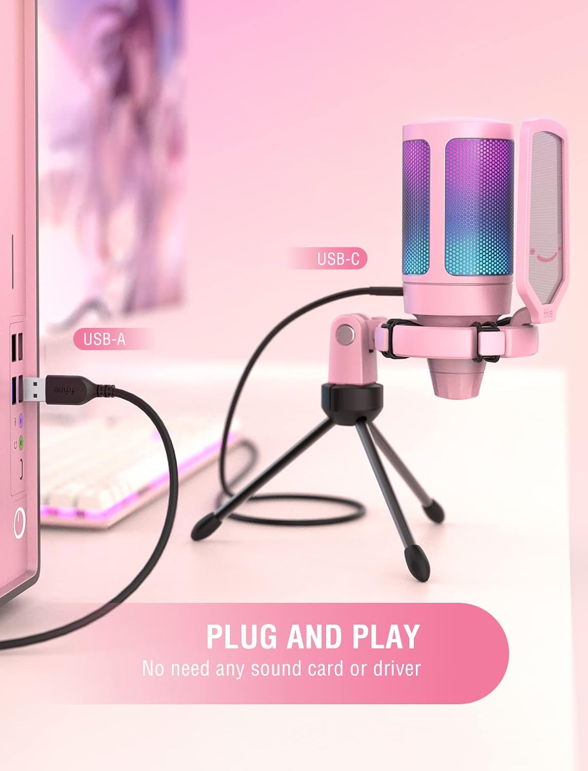 FIFINE USB Mic and White Microphone,AmpliGame RGB Computer Microphone, Condenser Cardioid Desktop Gaming Mic with Quick Mute, Gain Knob,Anti-Vibration for Streaming Podcasts,Zoom -Pink/White (A6P+A6W)