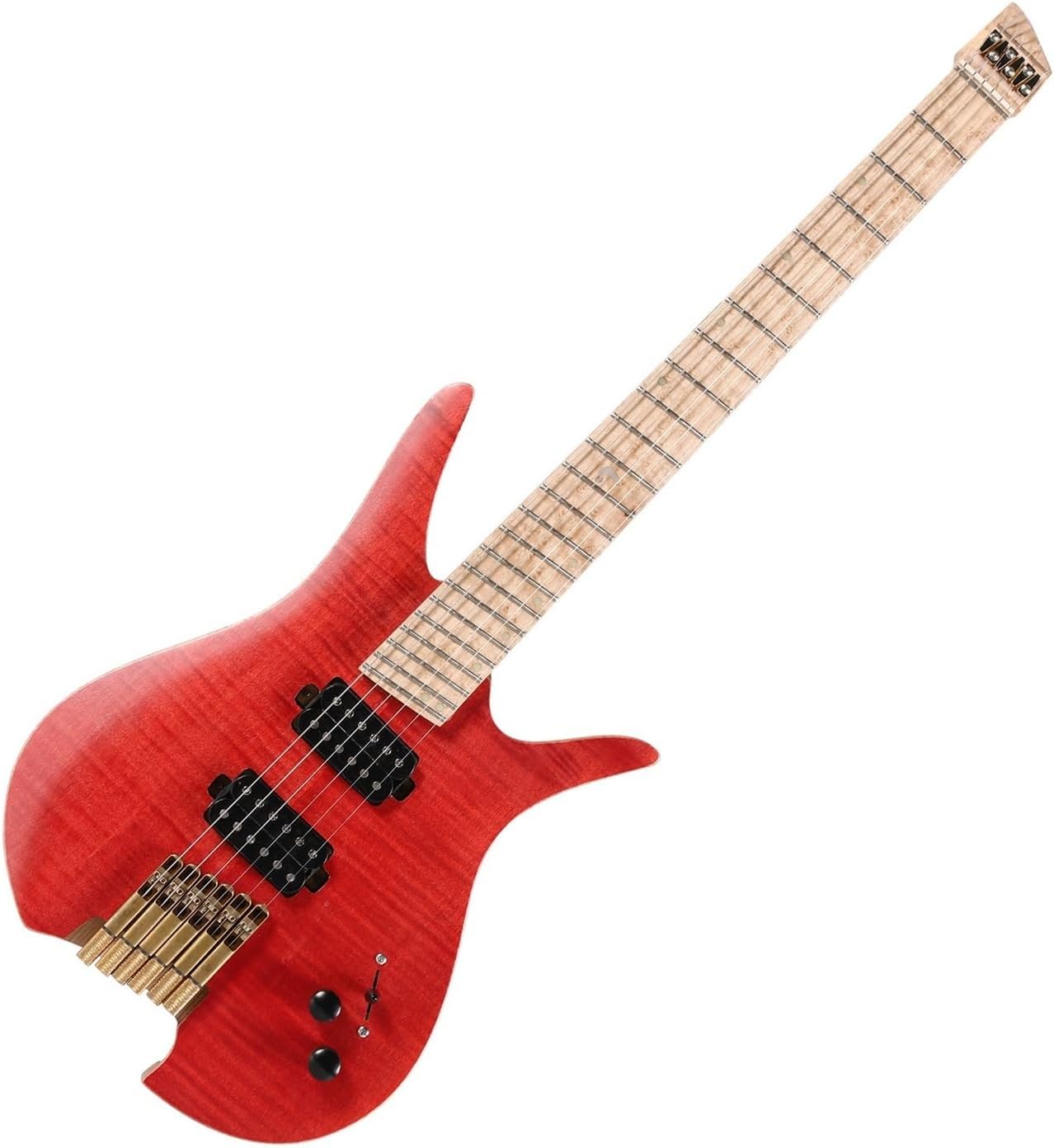 Headless Electric Guitar 6 String Fanned Fret Headless Electric Travel Guitar Ash Wood with Flame Maple Veneer