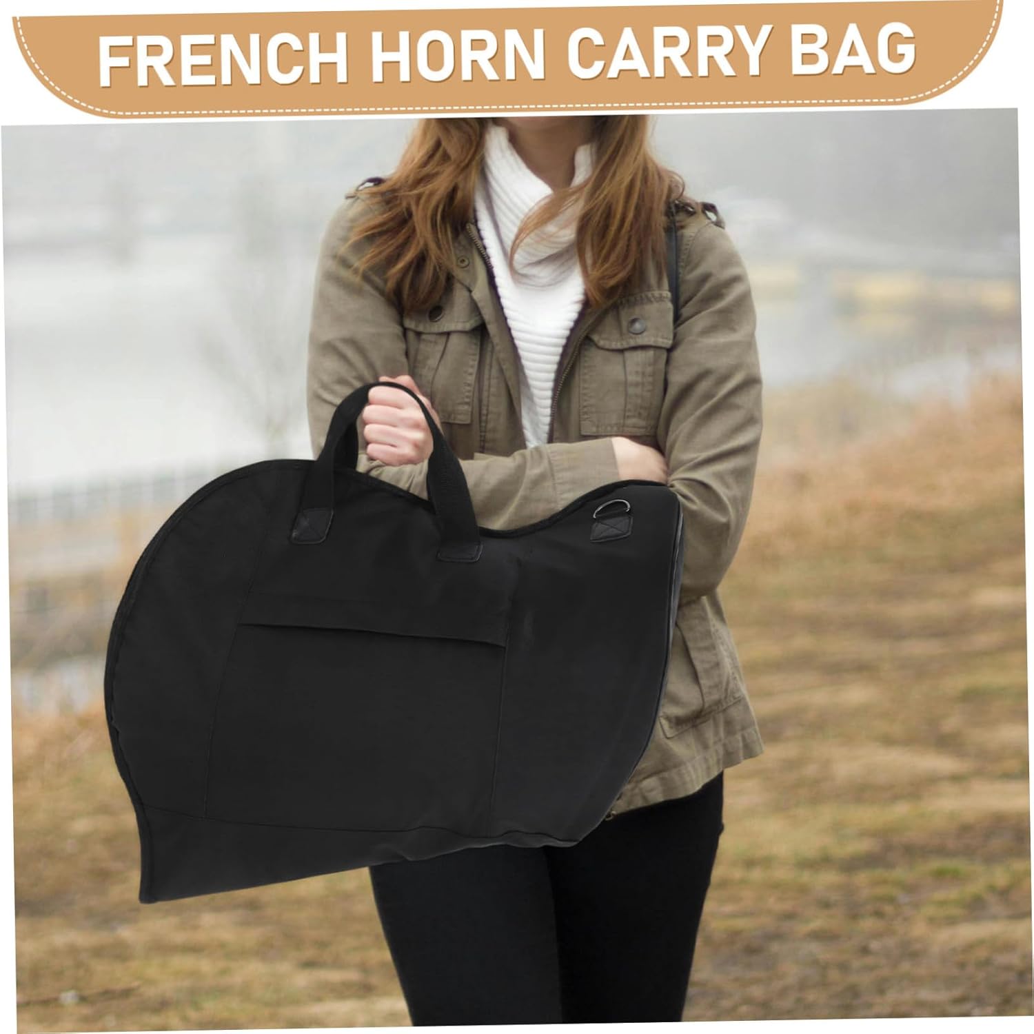 Portable French Horn Carry Bag Shoulder Strap Instrument Storage for Musicians Lightweight Design Exterior Pocket for Accessories Random Color