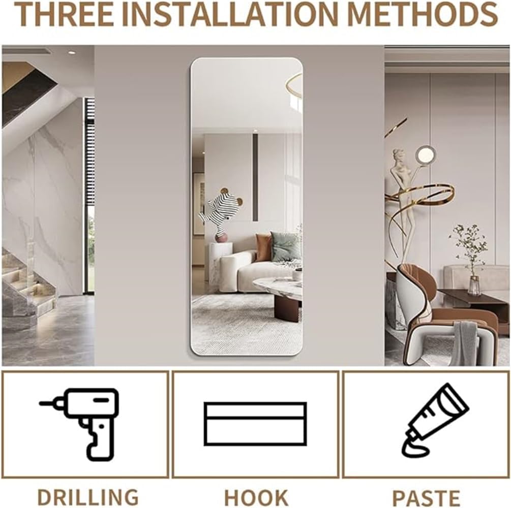 Inch Full Body Round Corner Mirror, Wall Mount Mirror with Hanging Hole, 5mm Silver Explosion-Proof Glass for Living Room Bedroom Cloakroom (56