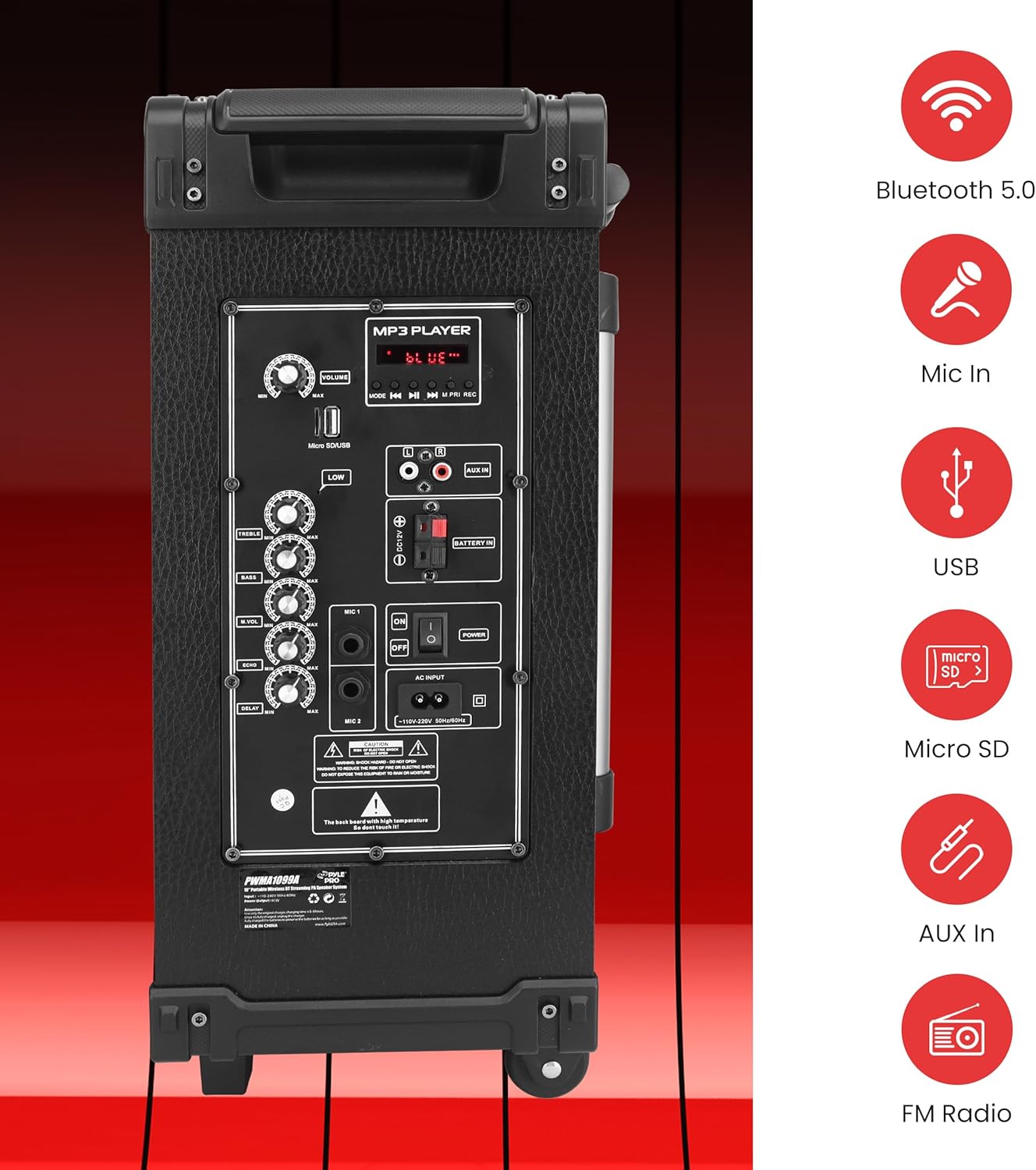 Pyle 10'' Portable Wireless Bluetooth Speaker System - Built-in Rechargeable Battery, Wireless Microphone, USB/Micro SD/FM - 600 Watt FM Radio with Digital LED Display, PWMA1099A,Black