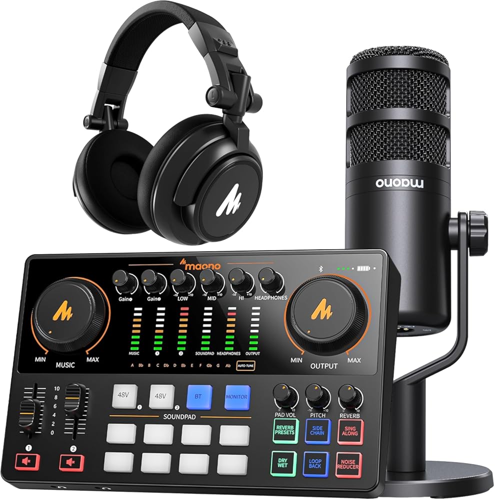 MAONO Podcast Equipment Bundle: Audio Interface, XLR Dynamic Mic and Headphones with Dual XLR Input, Quick to Mute, Noise Reduction, 8 Customize soundpads for Podcast Recording, Streaming, YouTube