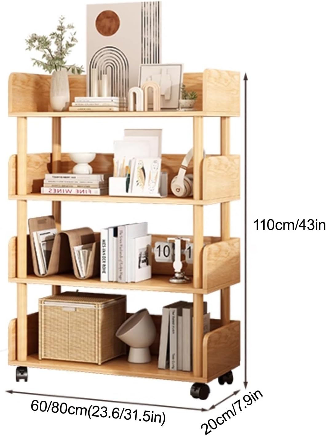 Rolling Book Cart with Wheels Mobile Bookshelf Modern Display Storage Shelf, Library Cart Storage Shelves for Small Space Corner Bedroom Office(White,60cm/23.6in)