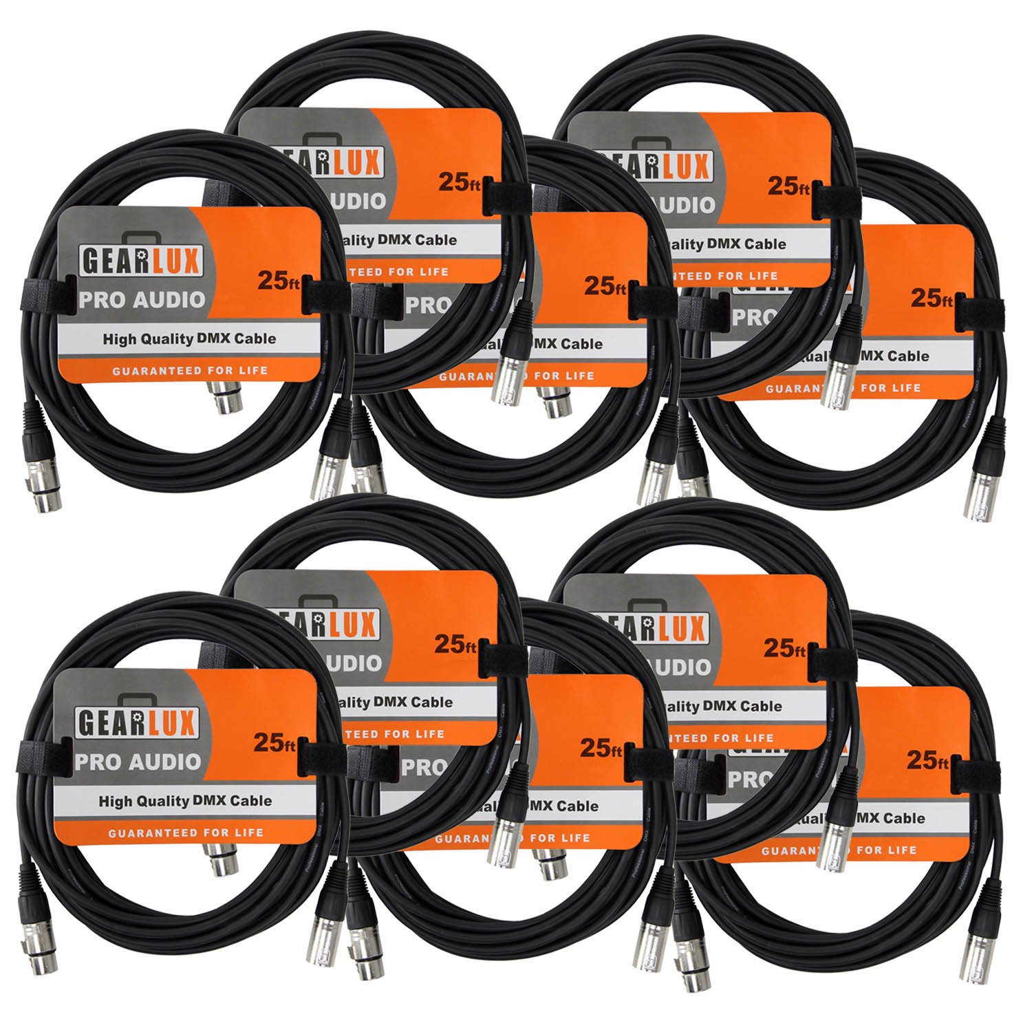 Gearlux DMX Cable, 3 Pin, Male to Female, 25 Feet - 10 Pack