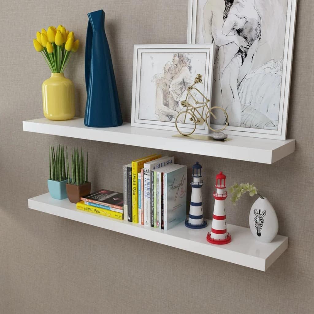 2 White MDF Floating Wall Display Shelves Book/DVD Storage,Floating Shelves,Wall Storage Shelves, Wall Mounted Shelf Organizer Unit Display Shelf,for Living Room, Bedroom, Kitchen, Bathroom,Office