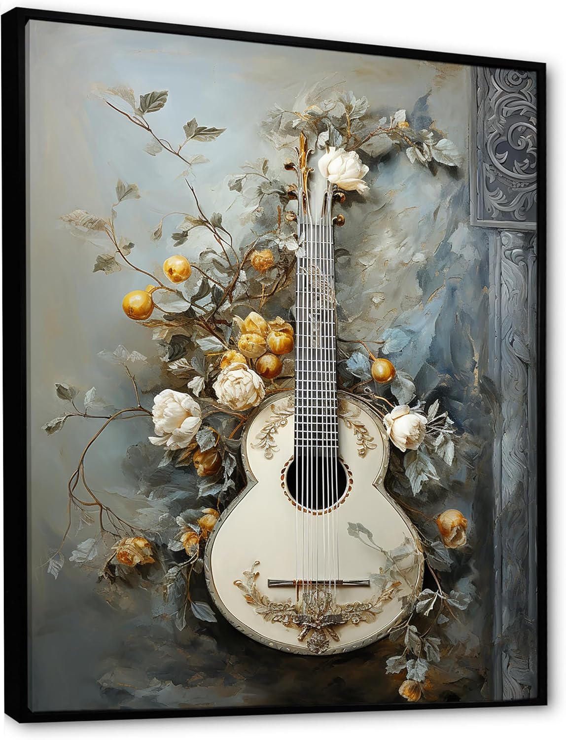DesignQ Music Wall Art, Grecian Gray Bouzouki Brilliance, music Black Framed Wall art decor, grey Canvas wall art, 34x44 inches