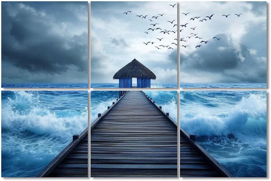 6 Pack Art Acoustic Panels Sound Absorbing Ocean Landscape Black White Aesthetic Wooden Pier Thatched Hut Waves Decorative Soundproof Wall Panels Self Adhesive for Recording Studios Office 72