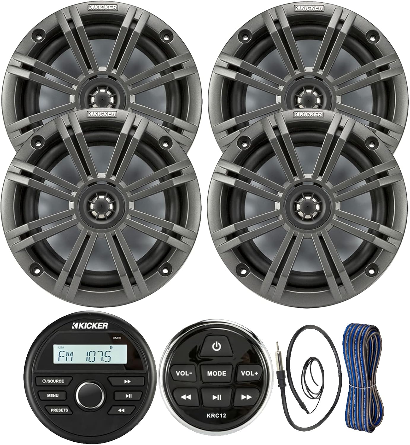 Kicker Weather-Resistant Gauge Style Bluetooth Marine Digital Media Receiver Bundle with Wired Remote, 4x 6.5
