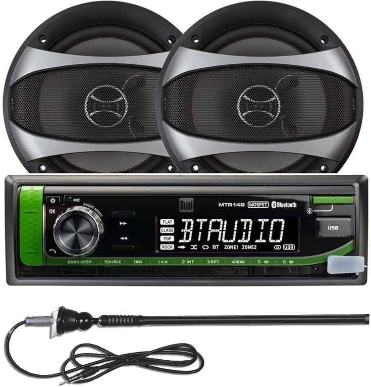 Dual Electronics John Deere Tractor Radio with Pair D65SP 2-Way 6.5 inch Car Speakers and Long Range Marine Radio Antenna Black Bundle