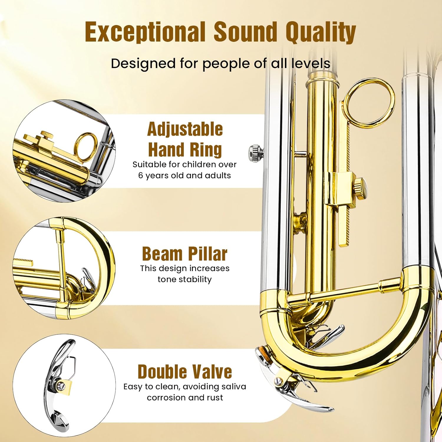 Asmuse Professional Trumpet Instrument Set,Student Trumpets for Beginners, Trompetas Musicales with Hard Case, Brass Instruments with Trumpet Cleaning Kit Gloves 7C Mouthpiece