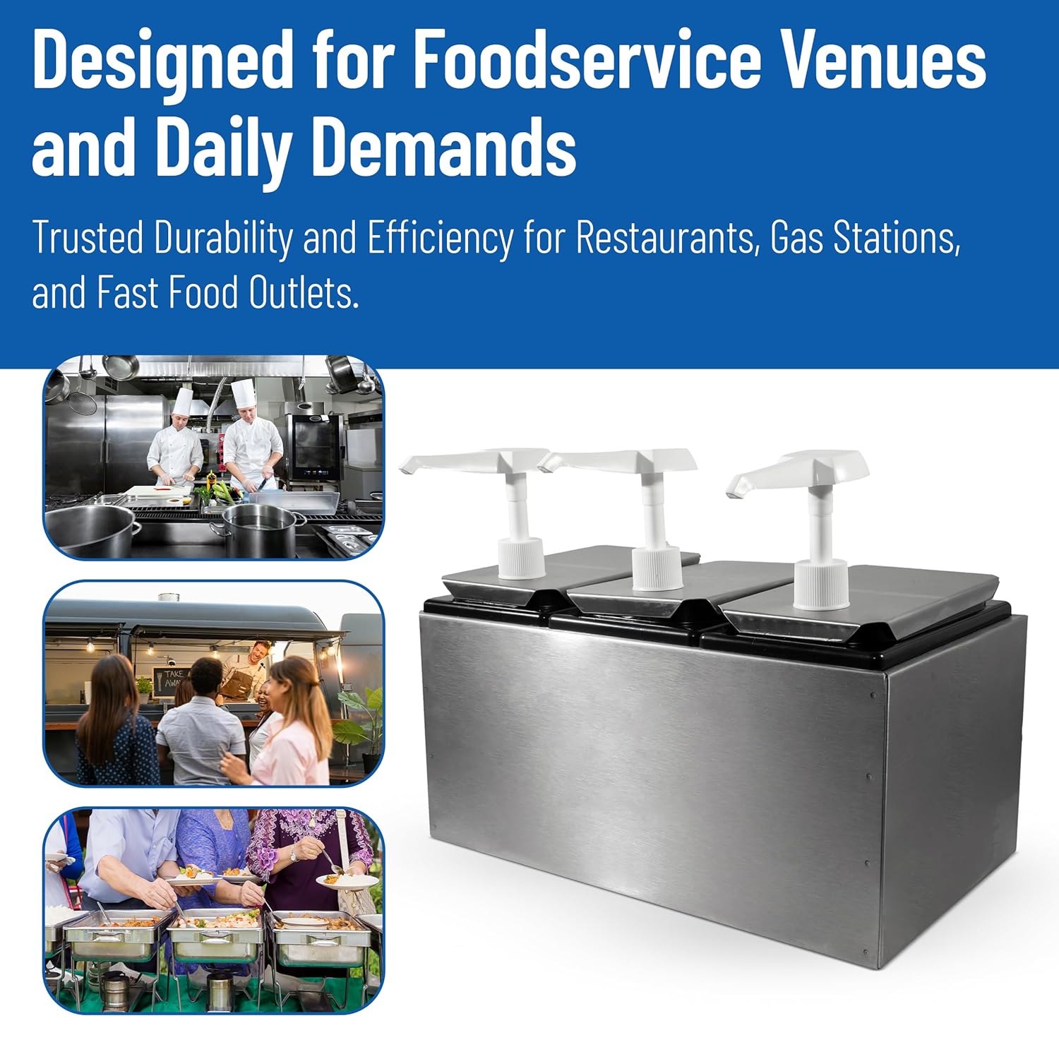 Carlisle FoodService Products Condiment Rail Condiment Center with 3 Standard Pumps for Gas Stations, Restaurants, and Fast Food Stainless Steel, 14.44 X 7.75 X 12.5 Inches, Silver