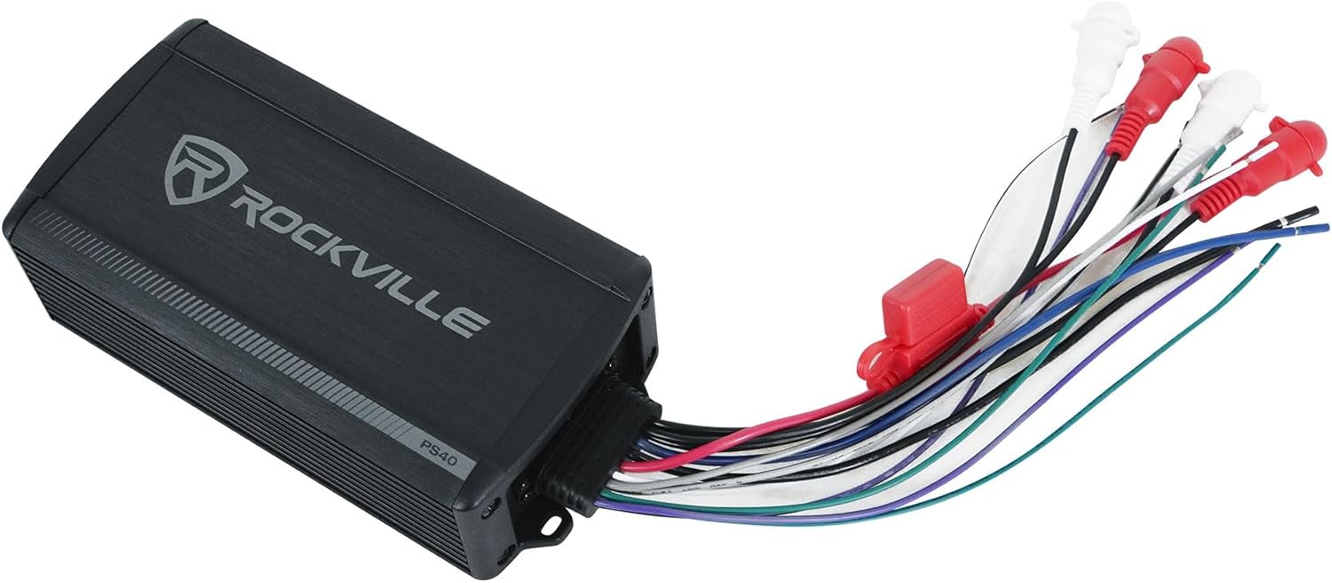 Rockville PS40 340W 4-Channel ATV/UTV/Motorcycle Amplifier 2/4 Ohm, IP65 Waterproof, Bluetooth, Compact, for Powersports Audio