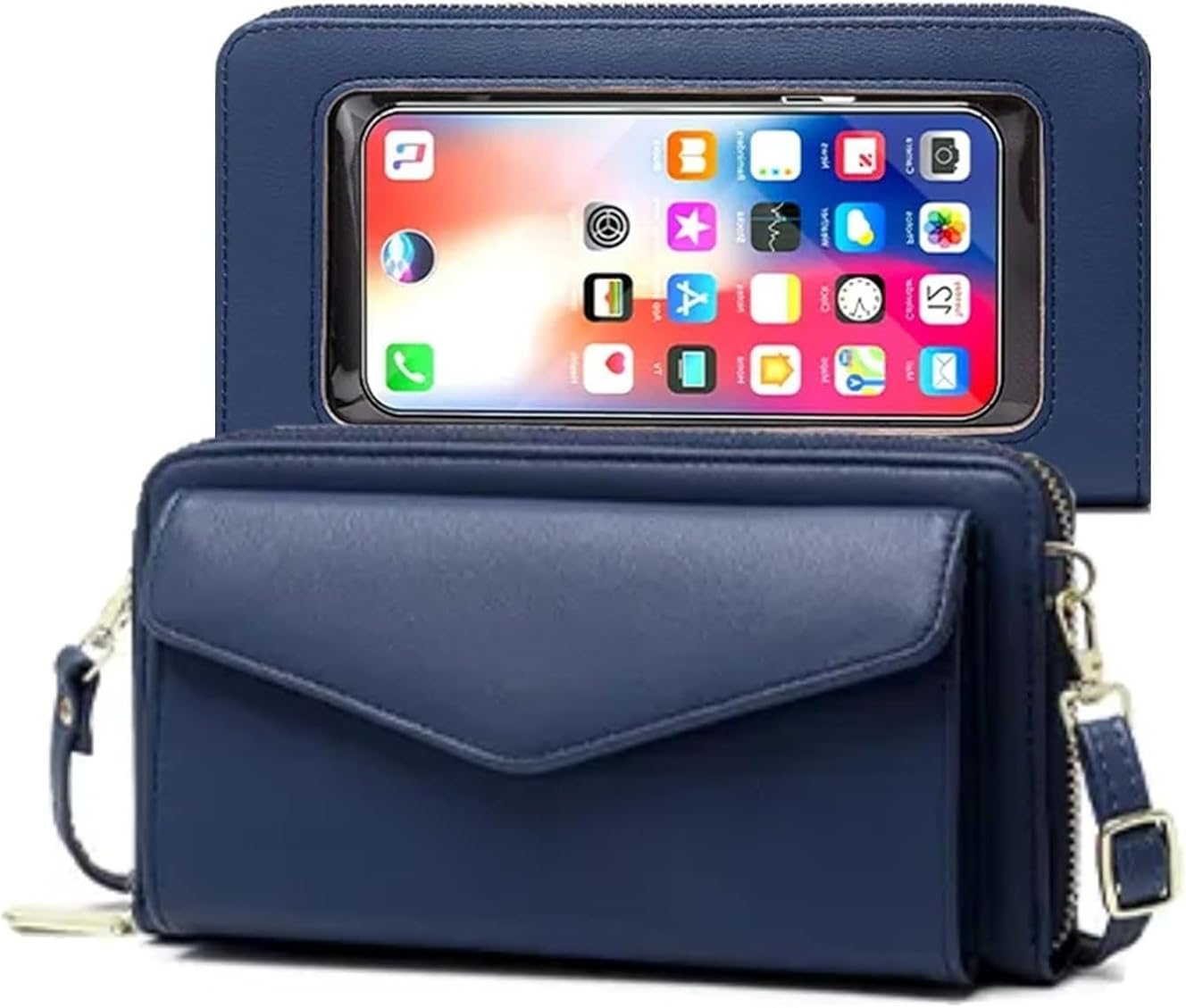 RFID Blocking Touch Screen Crossbody Phone Bag Genuine Leather Wallet with Clear Window Gift Box Gifts for Woman (Dark Blue)