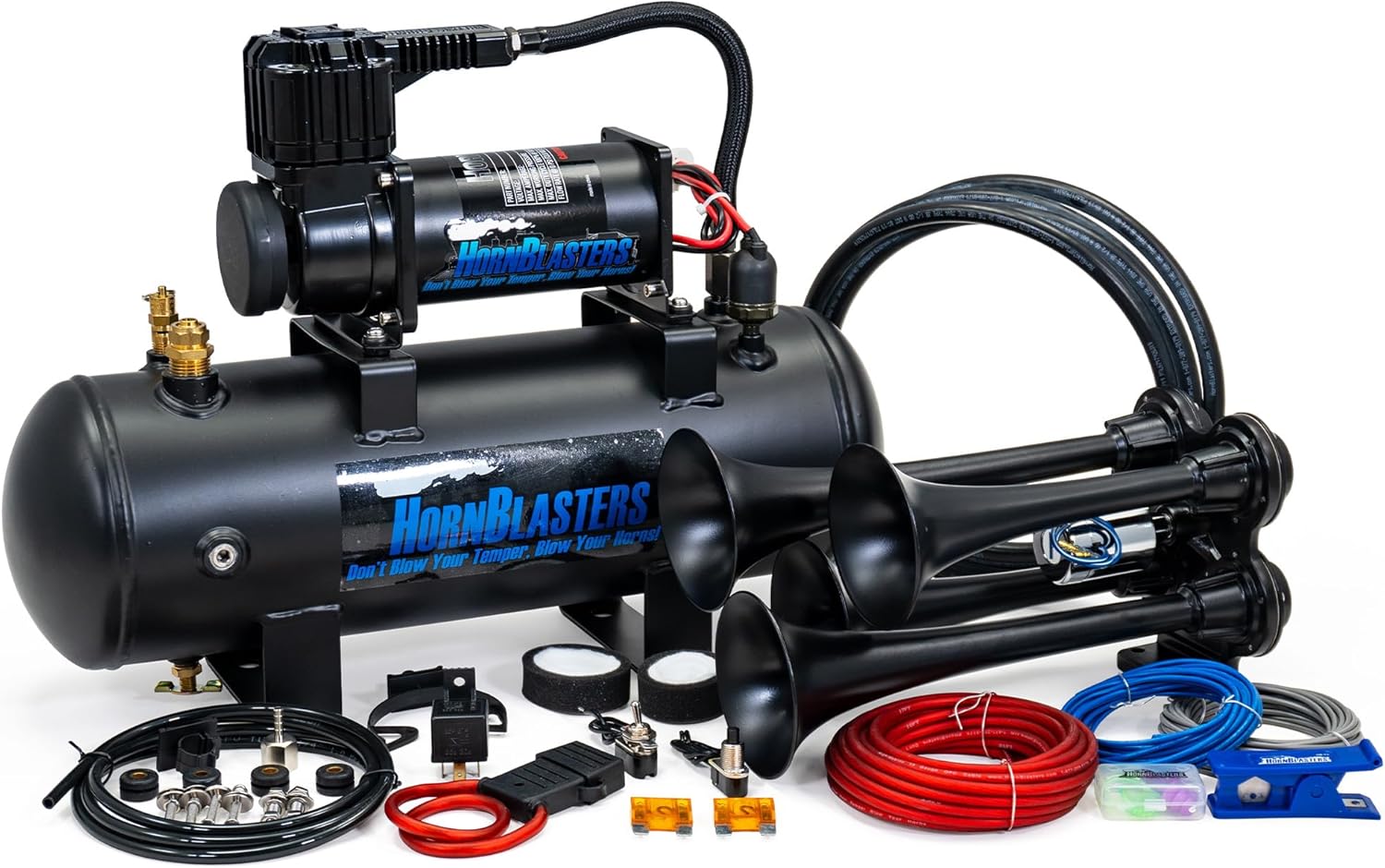HornBlasters Bullet 228H Air Horn Kit – 12V – Compact Loud Air Horn with 2-Gallon Tank & 150 PSI Air System – Complete Wiring Kit Included (Stealth Black)